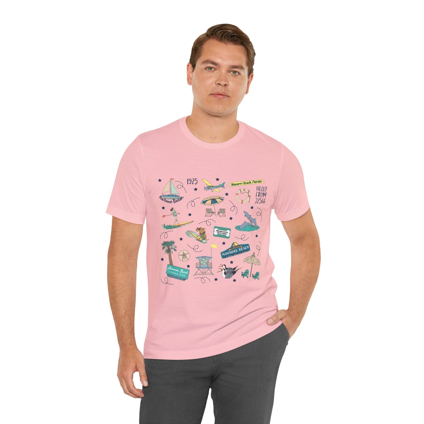 Unisex Jersey Short Sleeve Tee with Navarre Beach Florida FL landmarks print
