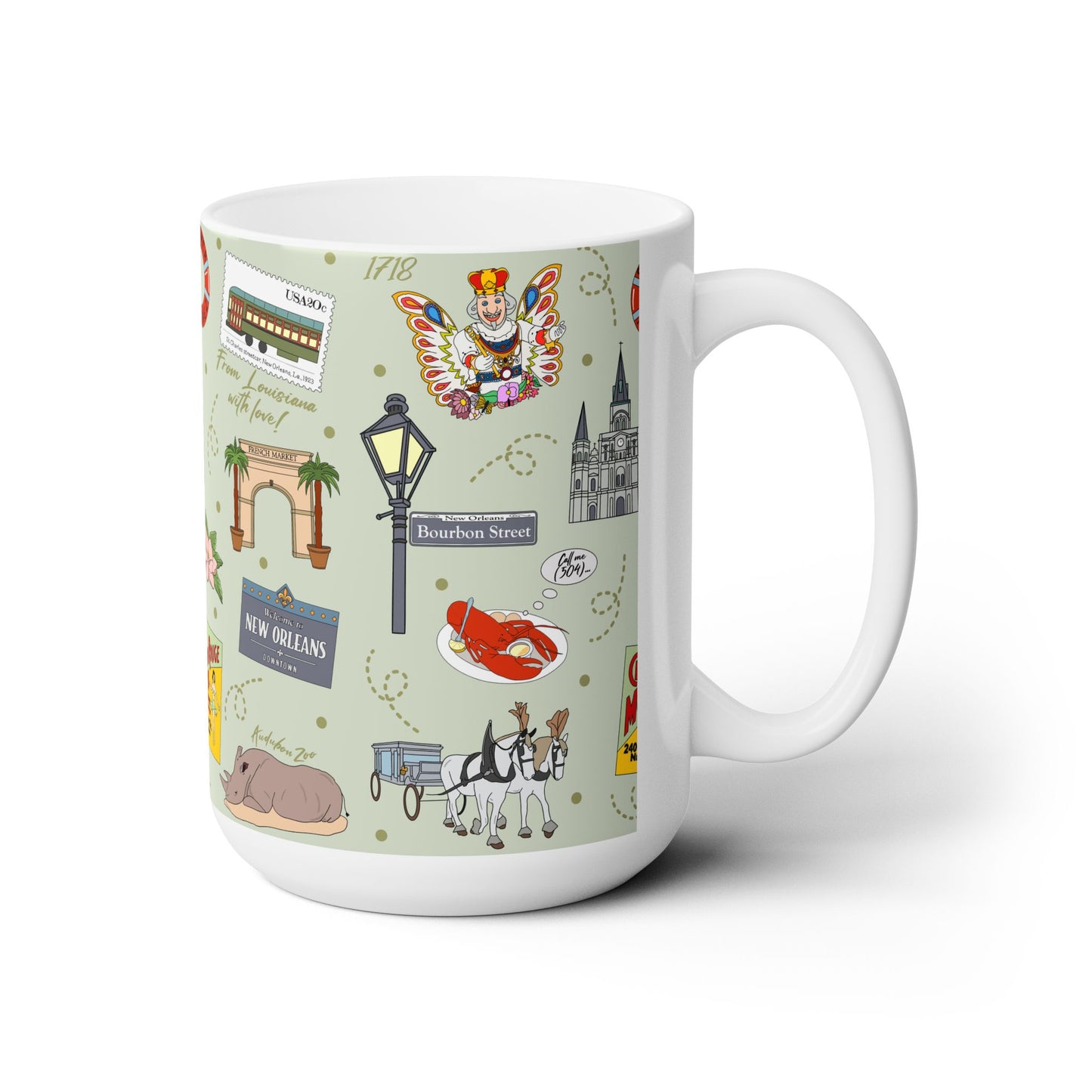 Ceramic Mug 15oz with New Orleans, Louisiana LA in sage