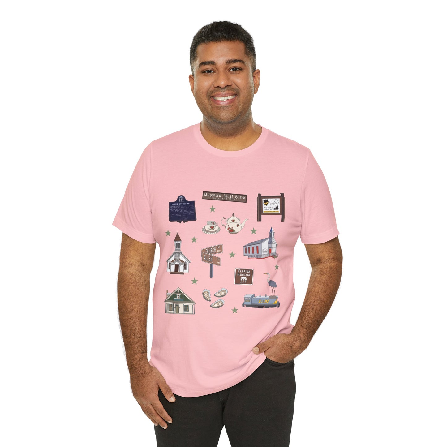 Unisex Jersey Short Sleeve Tee with Bagdad, Florida FL landmarks print