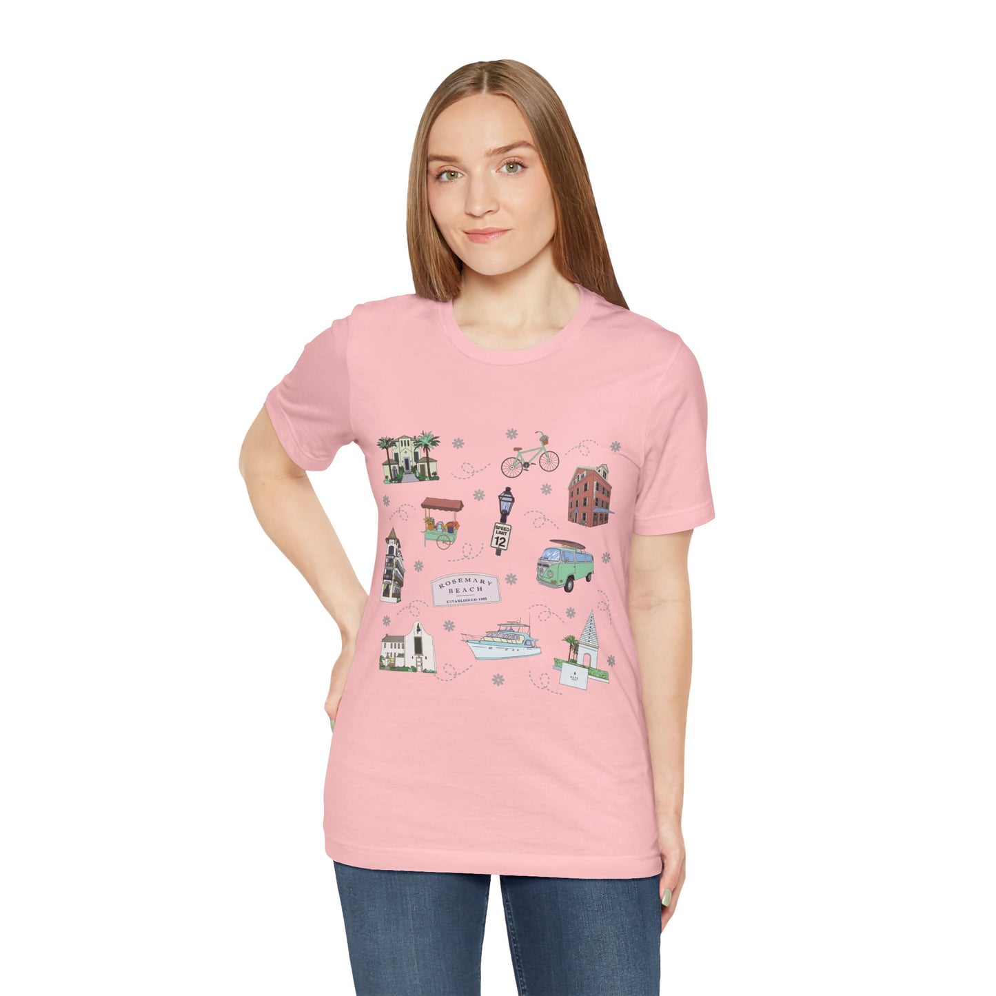 Unisex Jersey Short Sleeve Tee with Rosemary & Alys Beaches of 30A Florida FL landmarks print