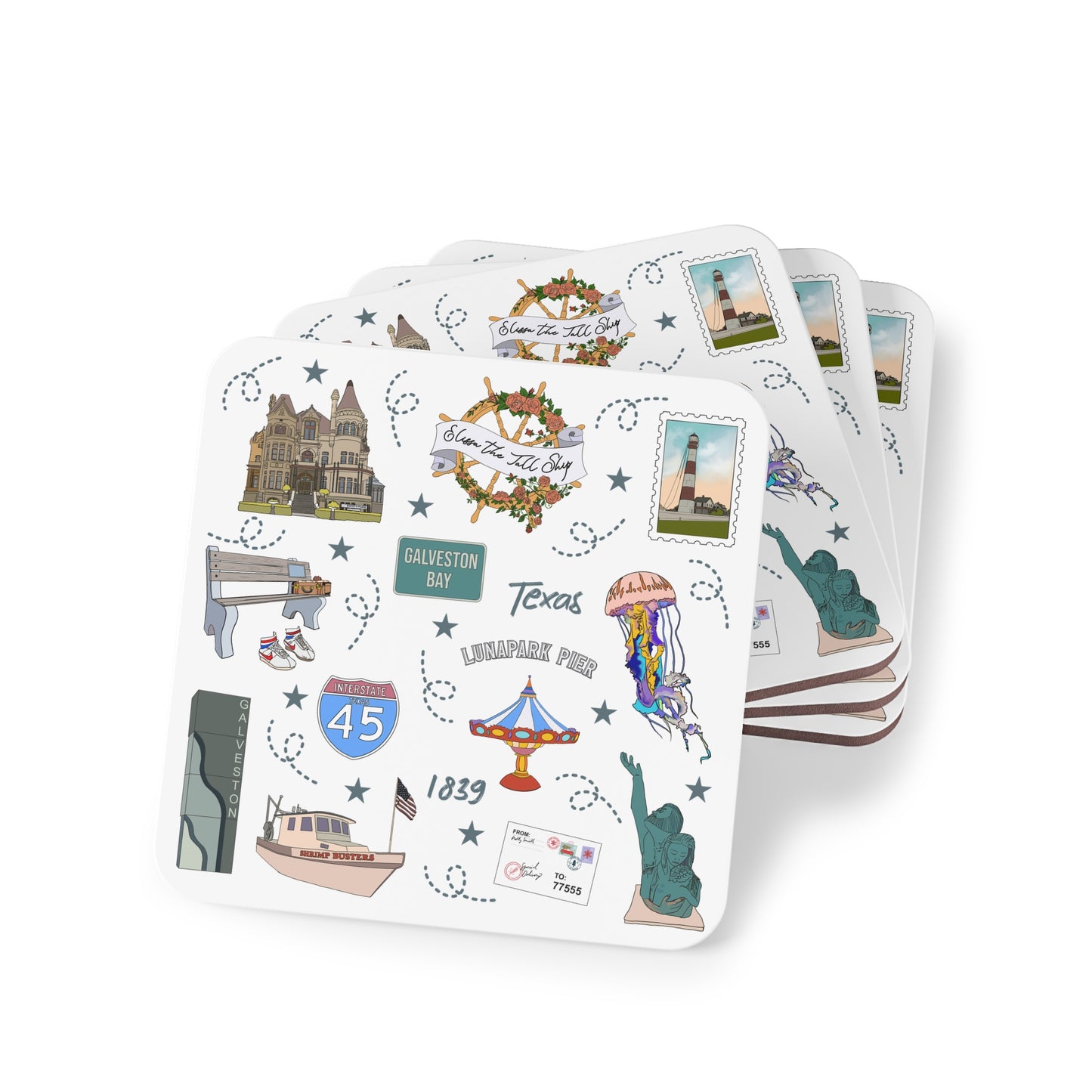 Set of 4 Ceramic Mug Coasters with Galveston, Texas TX