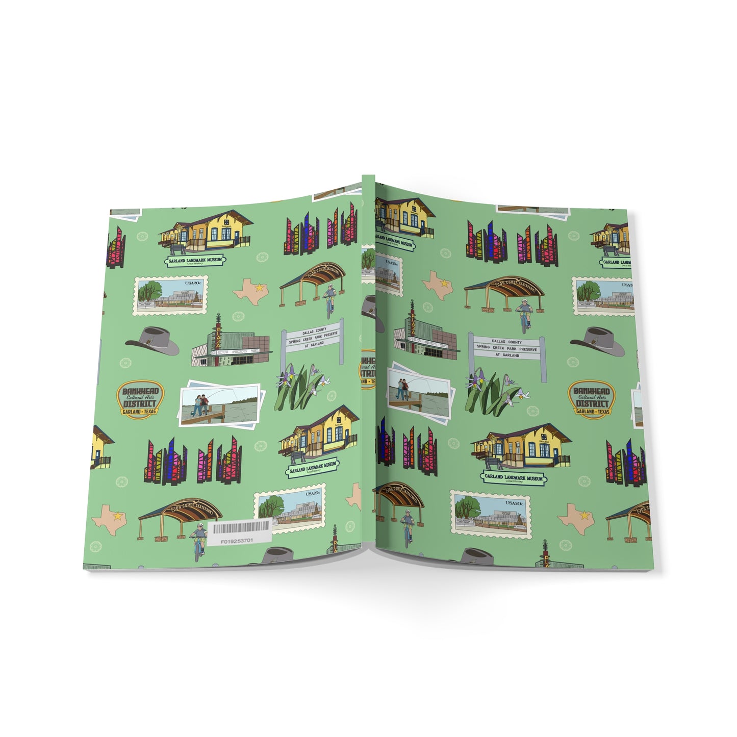 Paperback notebook with Garland, Texas TX landmarks in lime 150 lined pages
