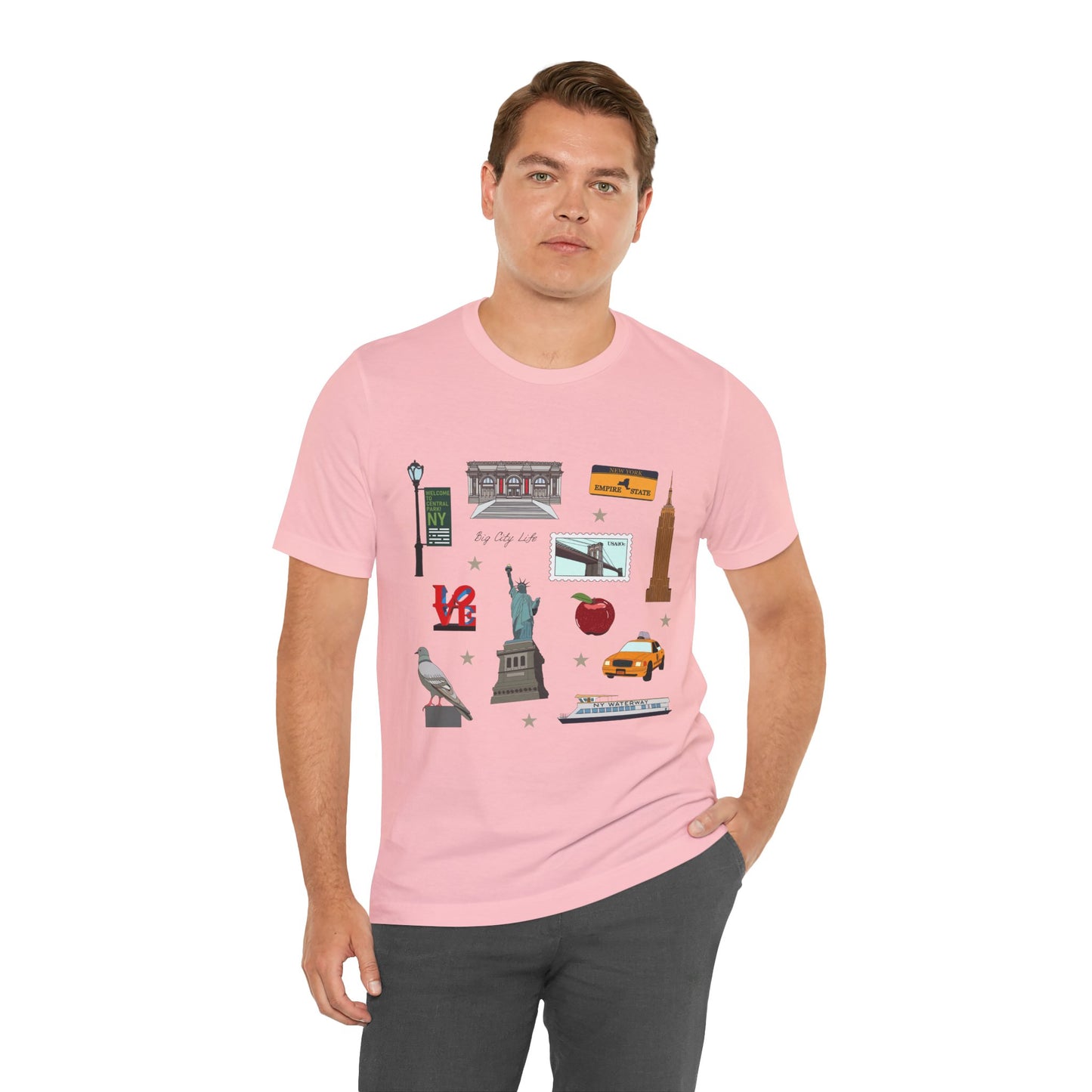 Unisex Jersey Short Sleeve Tee with New York City, Manhattan, Brooklyn NY landmarks print