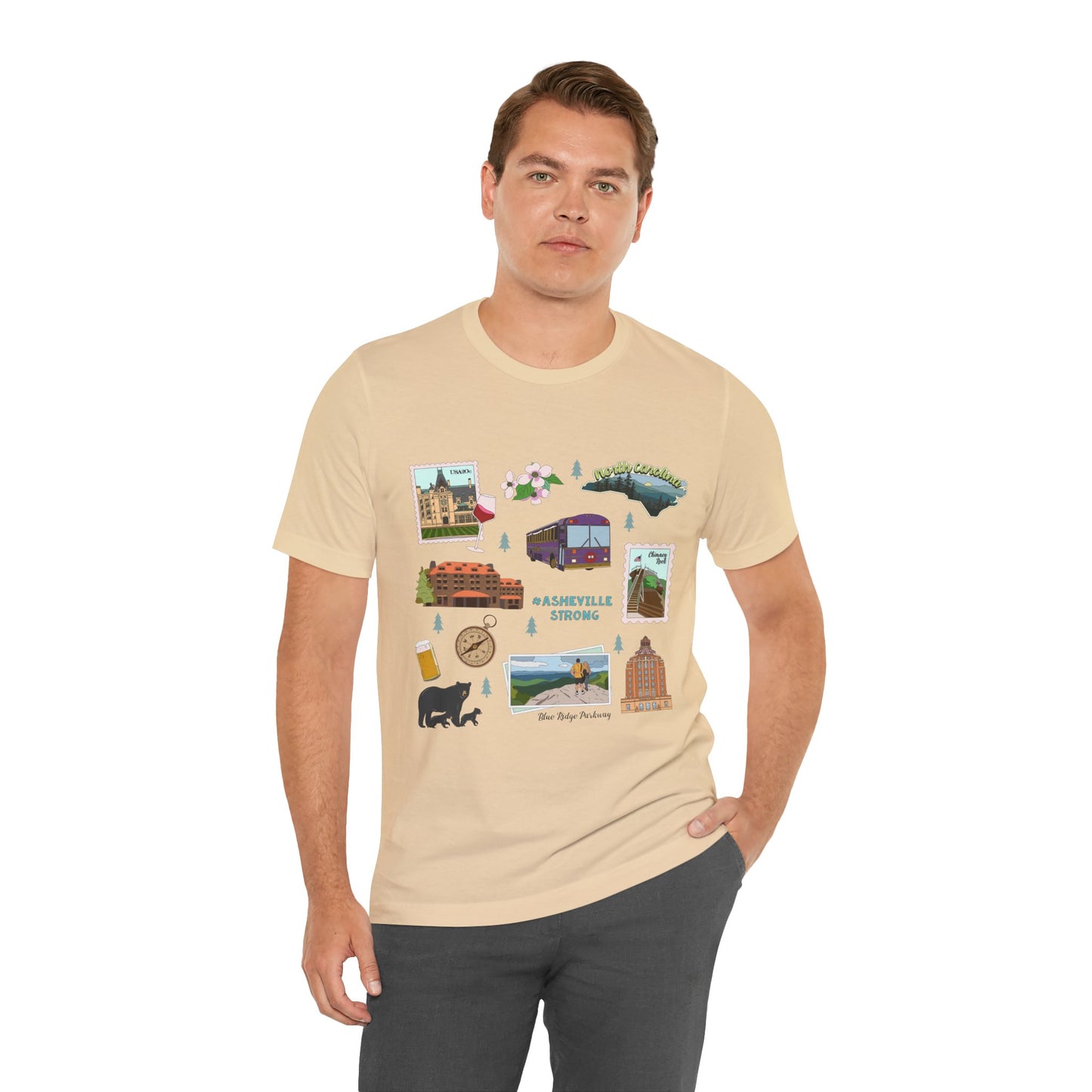 Unisex Jersey Short Sleeve Tee with Asheville, North Carolina NC landmarks print