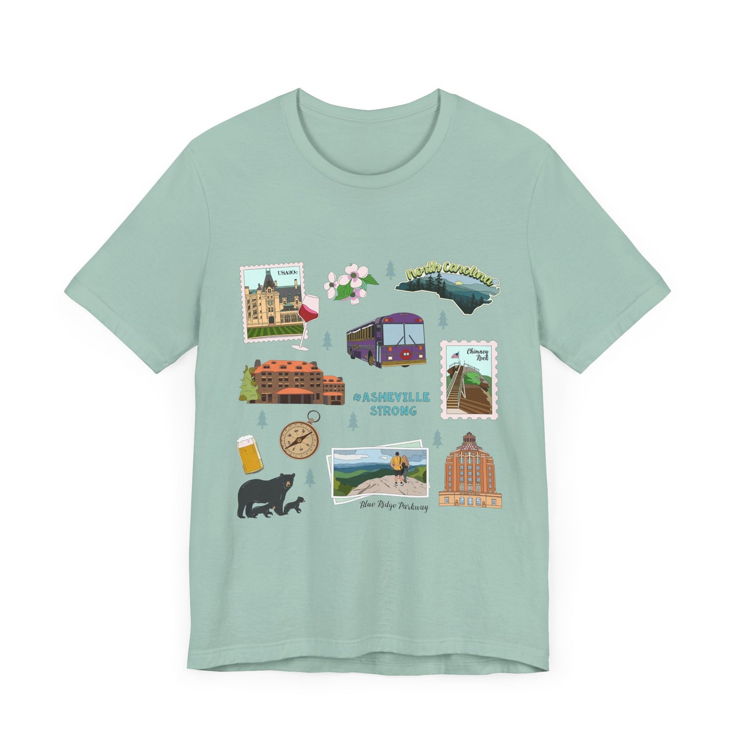 Unisex Jersey Short Sleeve Tee with Asheville, North Carolina NC landmarks print