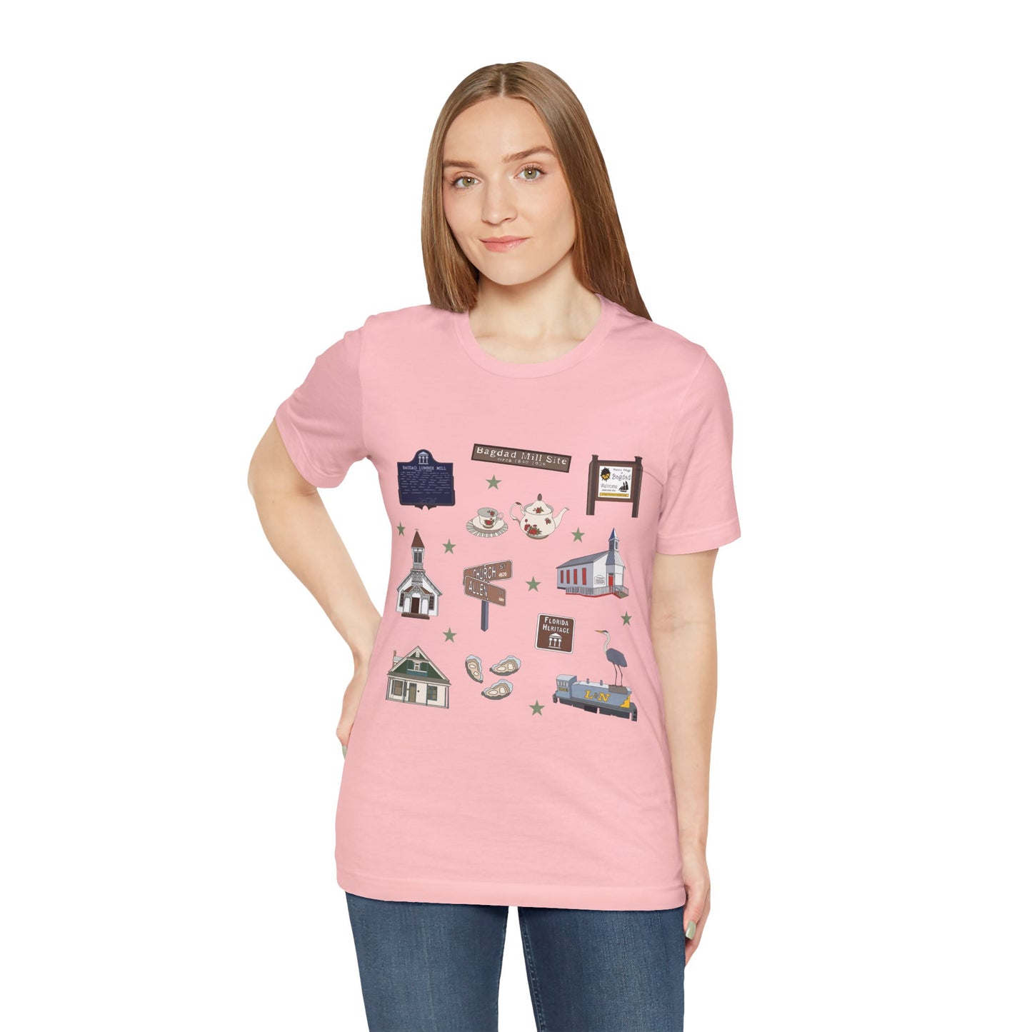 Unisex Jersey Short Sleeve Tee with Bagdad, Florida FL landmarks print
