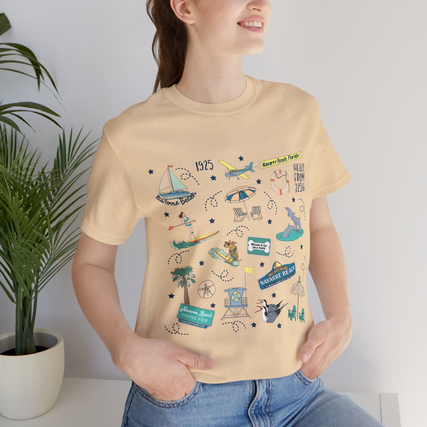 Unisex Jersey Short Sleeve Tee with Navarre Beach Florida FL landmarks print