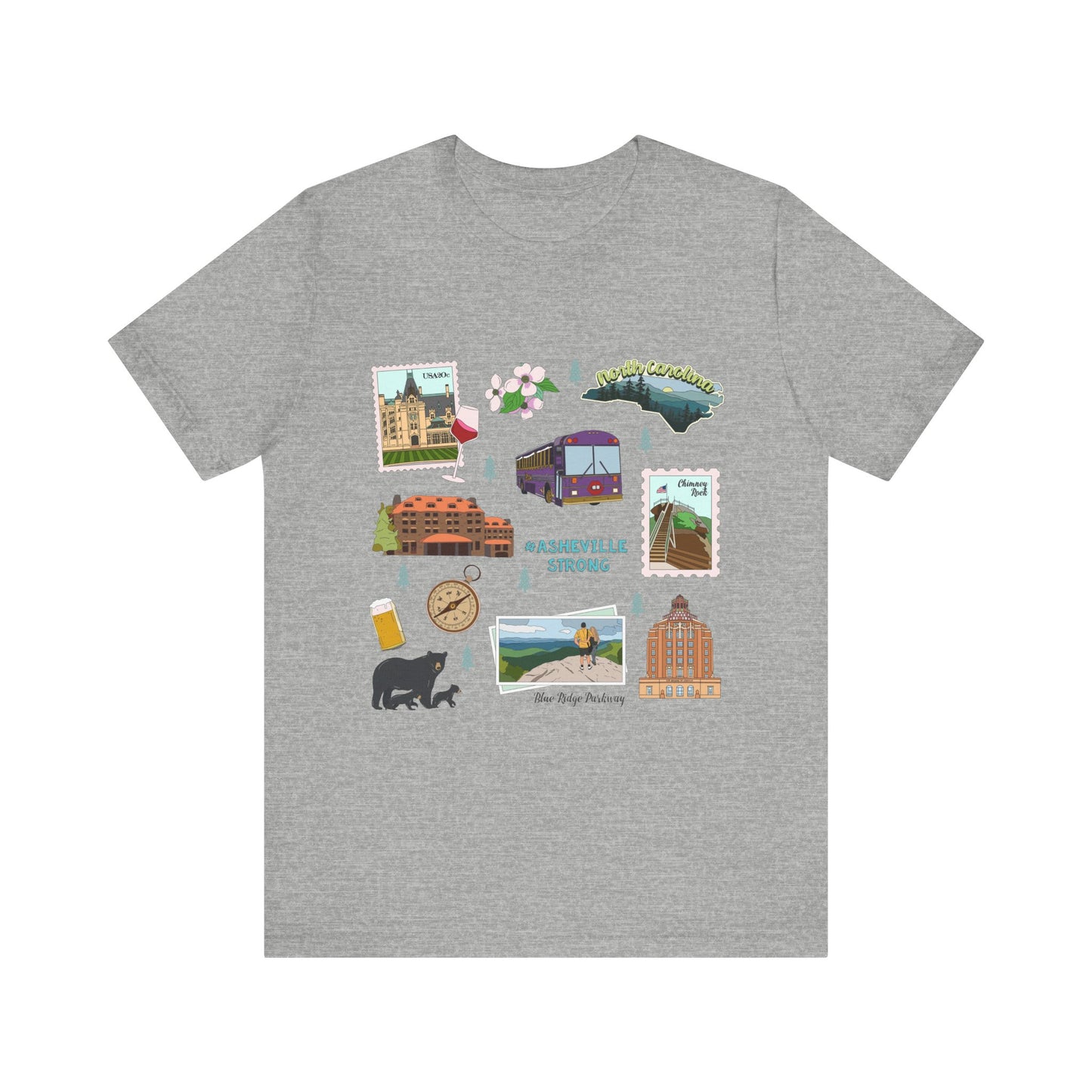 Unisex Jersey Short Sleeve Tee with Asheville, North Carolina NC landmarks print
