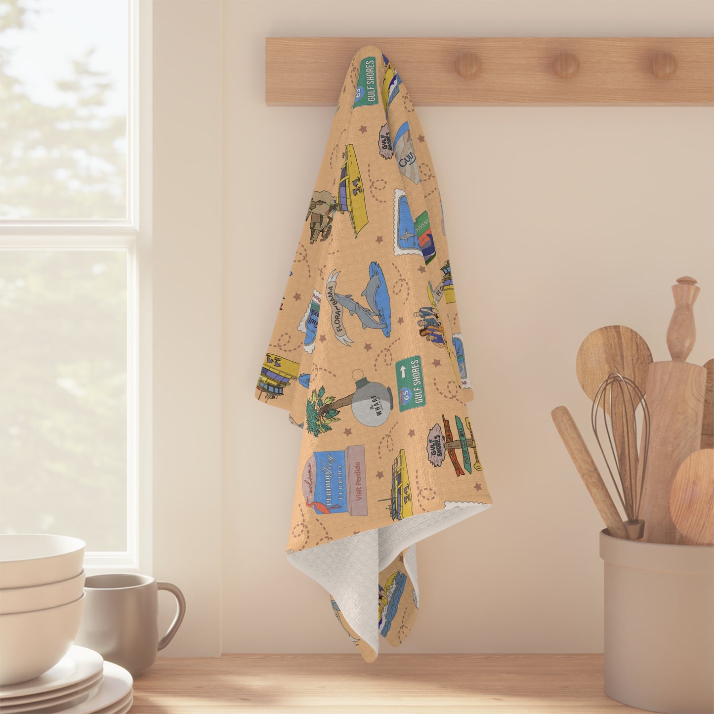 Kitchen Towel with Gulf Shores, Orange Beach of Alabama AL & Perdido Key of Florida FL in peach