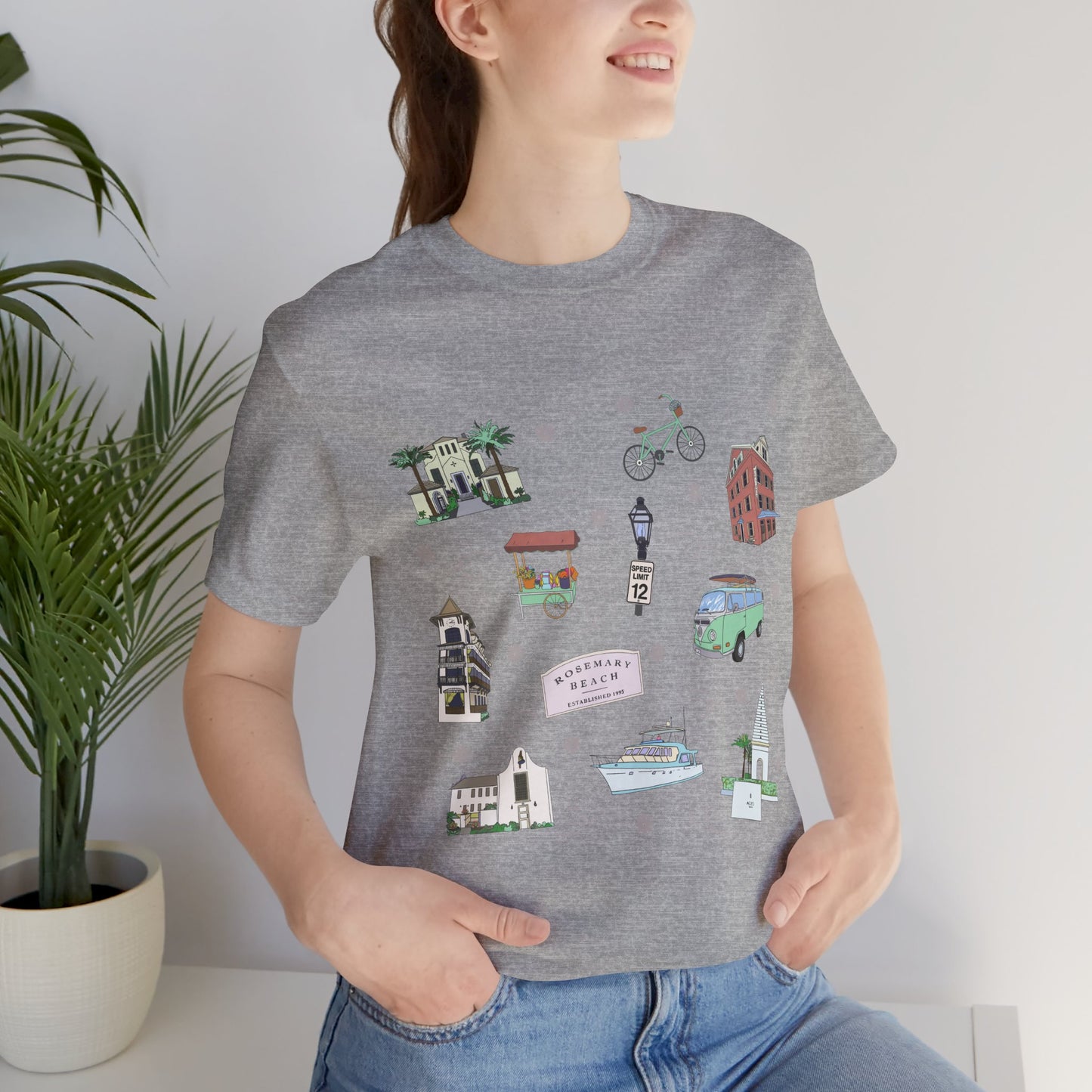 Unisex Jersey Short Sleeve Tee with Rosemary & Alys Beaches of 30A Florida FL landmarks print