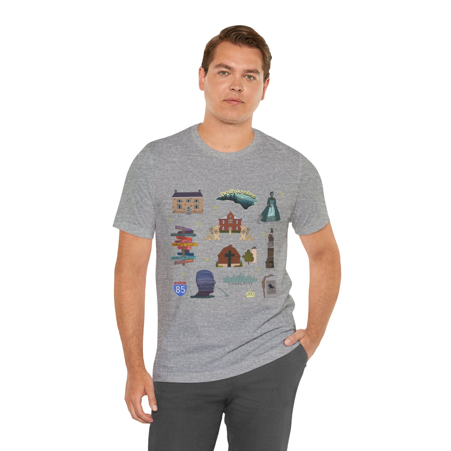 Unisex Jersey Short Sleeve Tee with Charlotte, North Carolina NC landmarks print