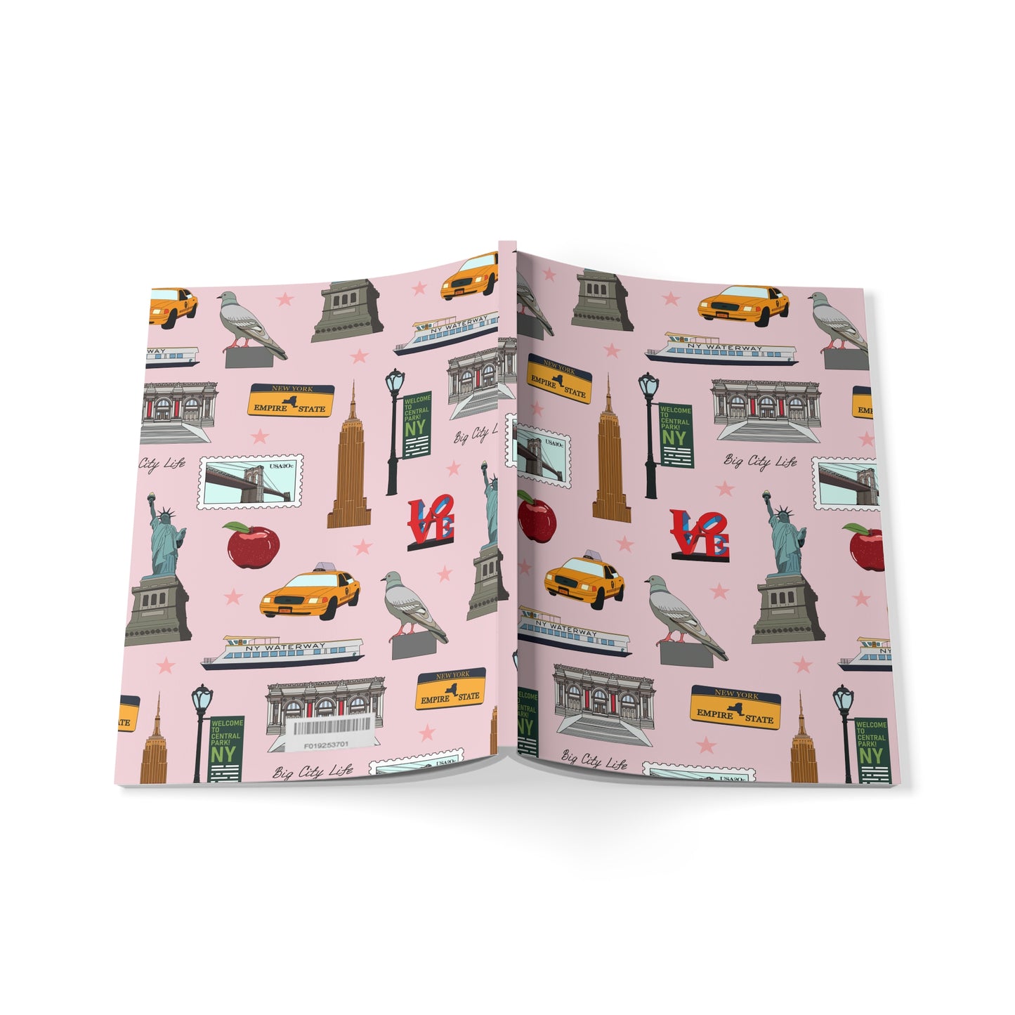 Paperback notebook with New York City, Manhattan, Brooklyn NY landmarks in pink 150 lined pages