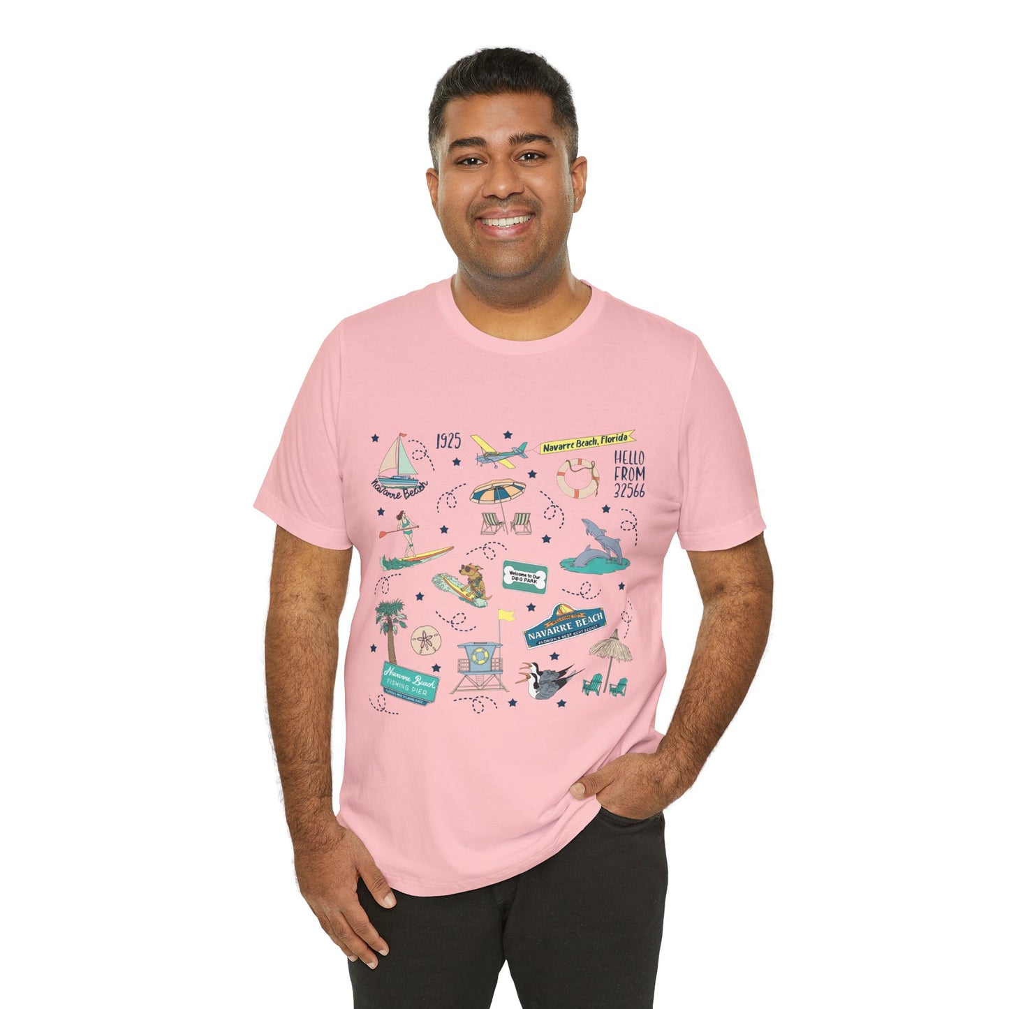 Unisex Jersey Short Sleeve Tee with Navarre Beach Florida FL landmarks print