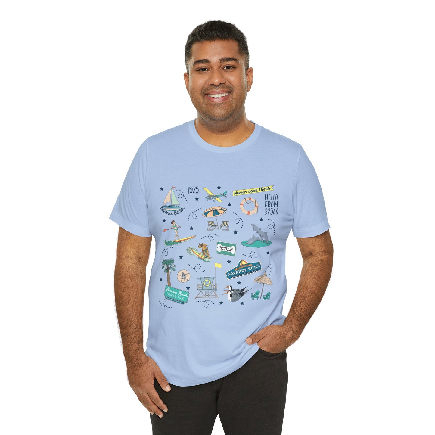 Unisex Jersey Short Sleeve Tee with Navarre Beach Florida FL landmarks print