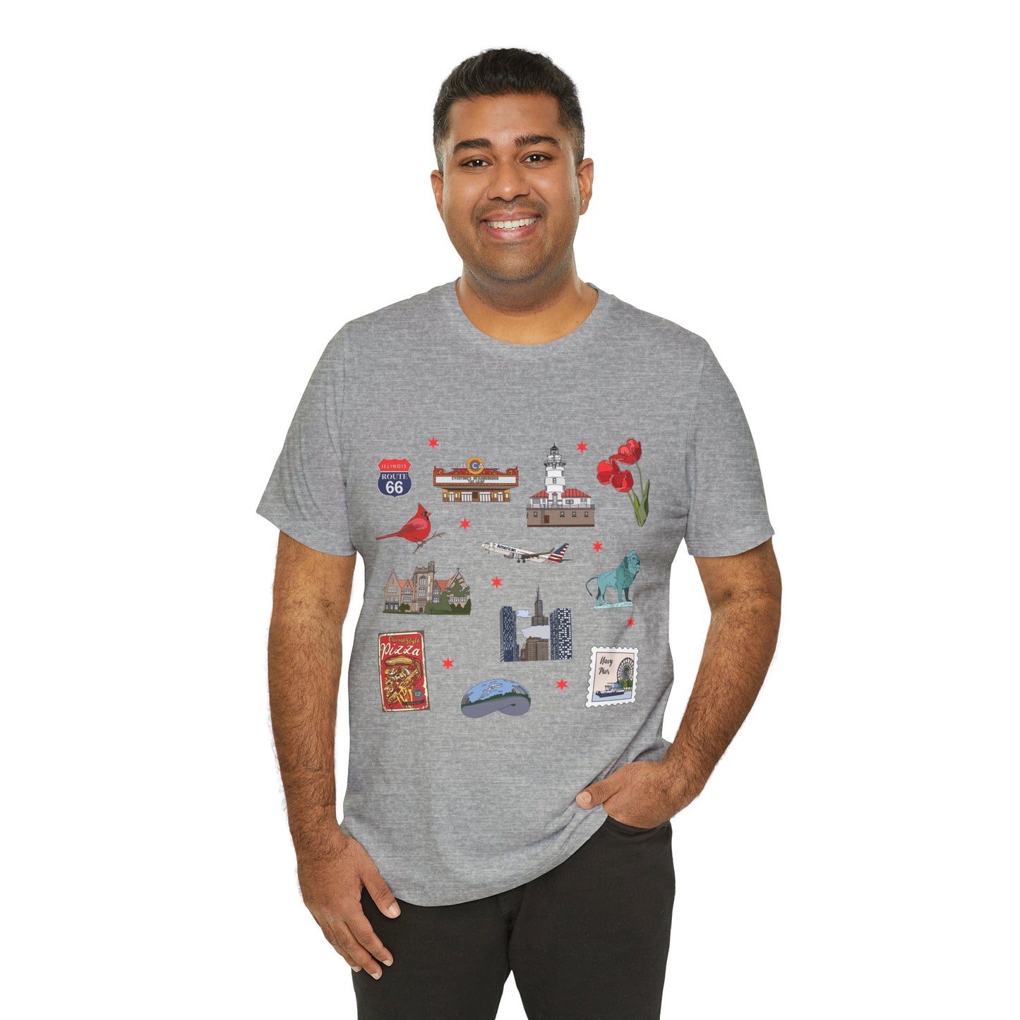 Unisex Jersey Short Sleeve Tee with Chicago, Illinois IL landmarks print