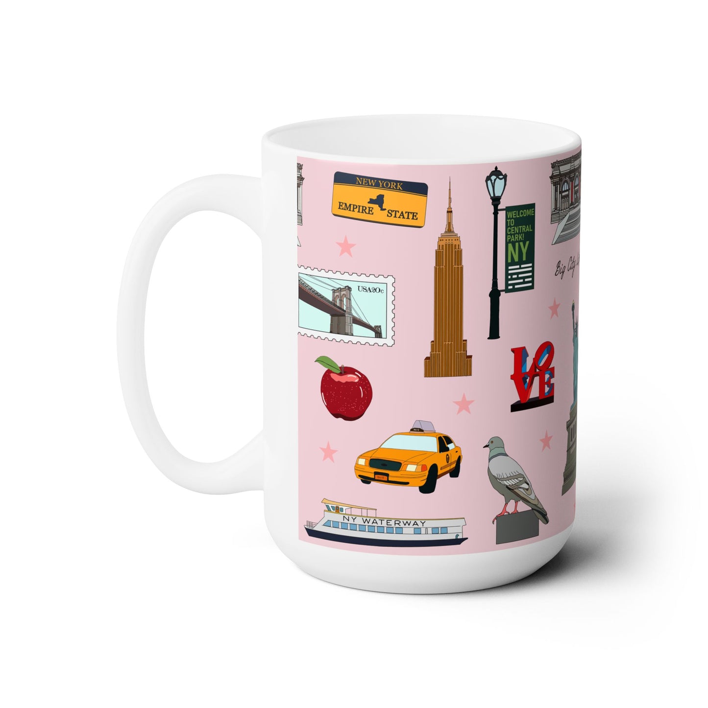 Ceramic Mug 15oz with New York City, Manhattan, Brooklyn NY in pink
