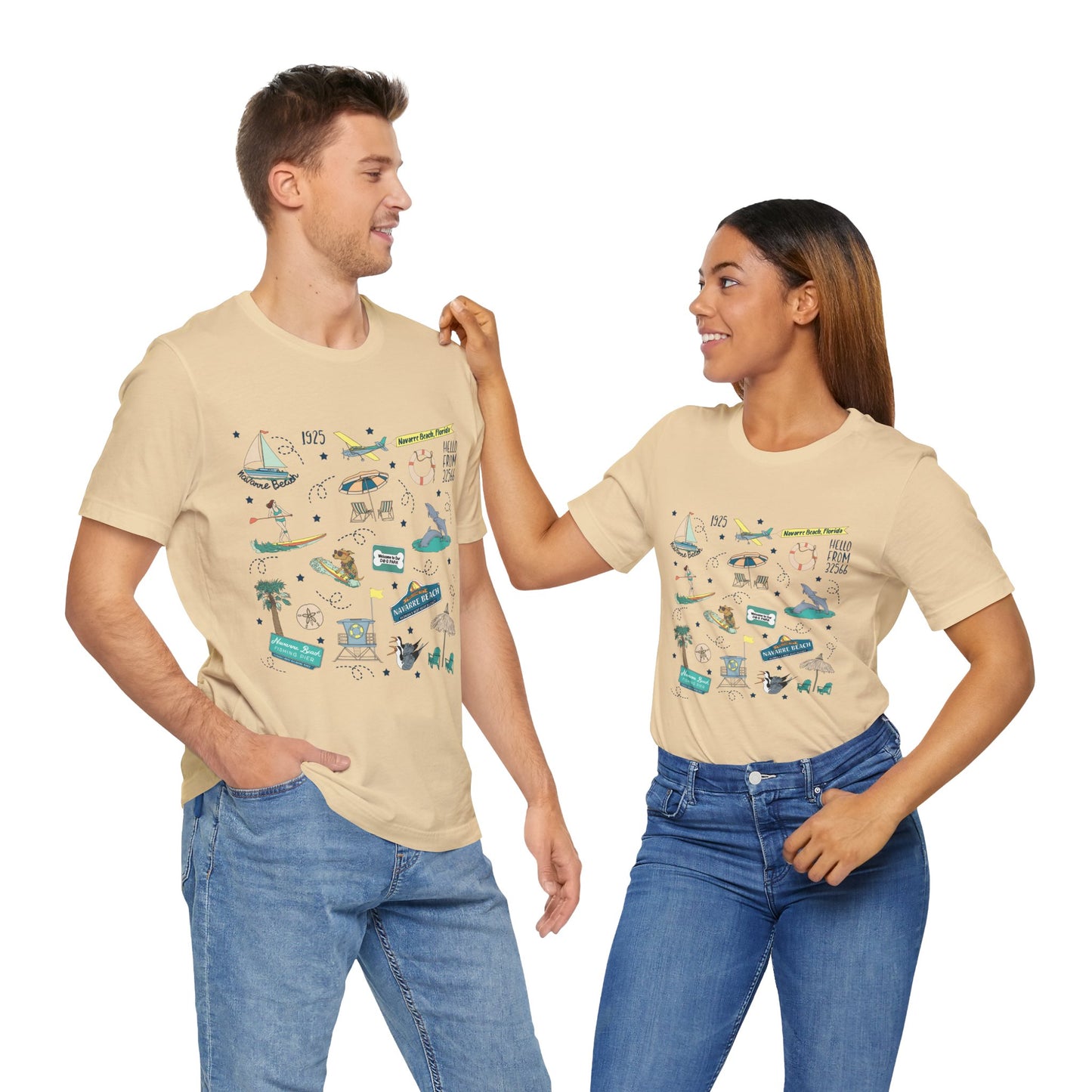 Unisex Jersey Short Sleeve Tee with Navarre Beach Florida FL landmarks print