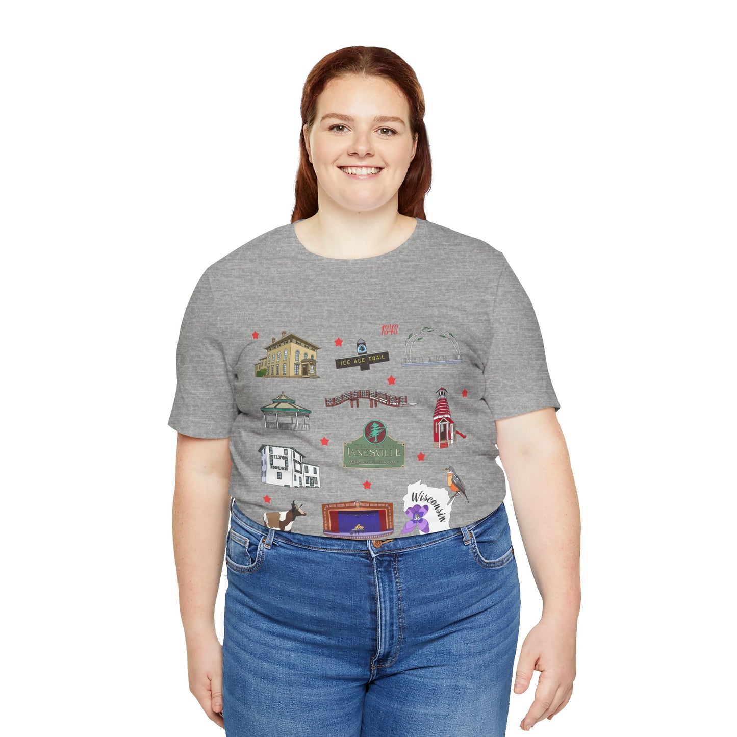 Unisex Jersey Short Sleeve Tee with Janesville, Wisconsin WI landmarks print