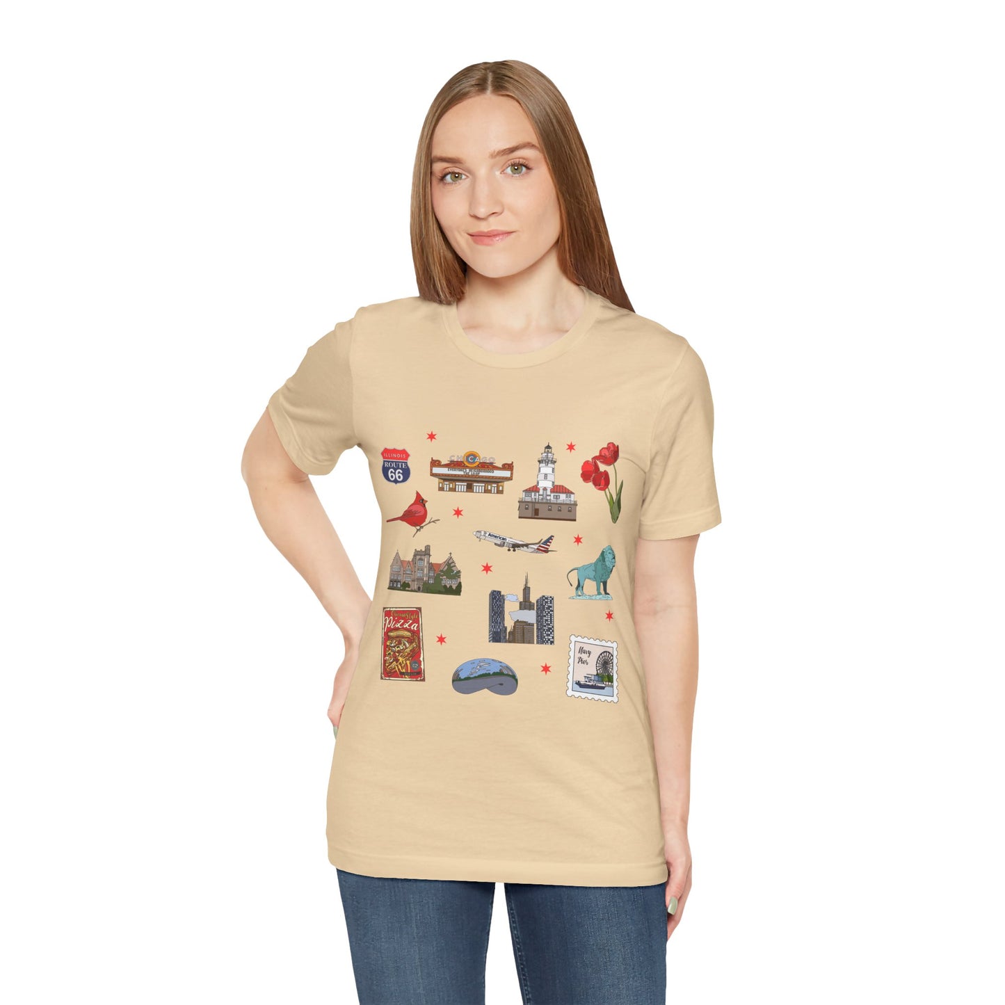 Unisex Jersey Short Sleeve Tee with Chicago, Illinois IL landmarks print