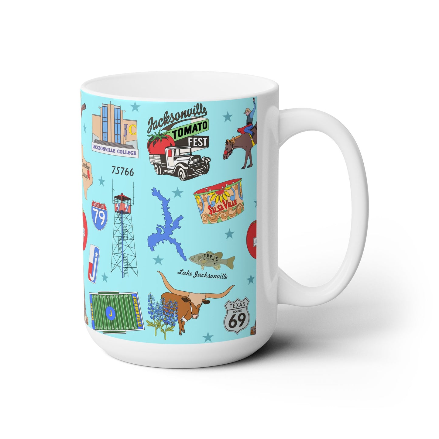 Ceramic Mug 15oz with Jacksonville, TX in blue