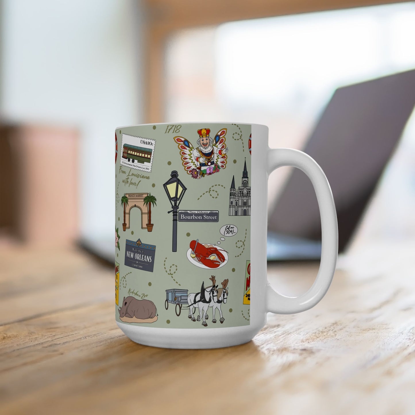 Ceramic Mug 15oz with New Orleans, Louisiana LA in sage