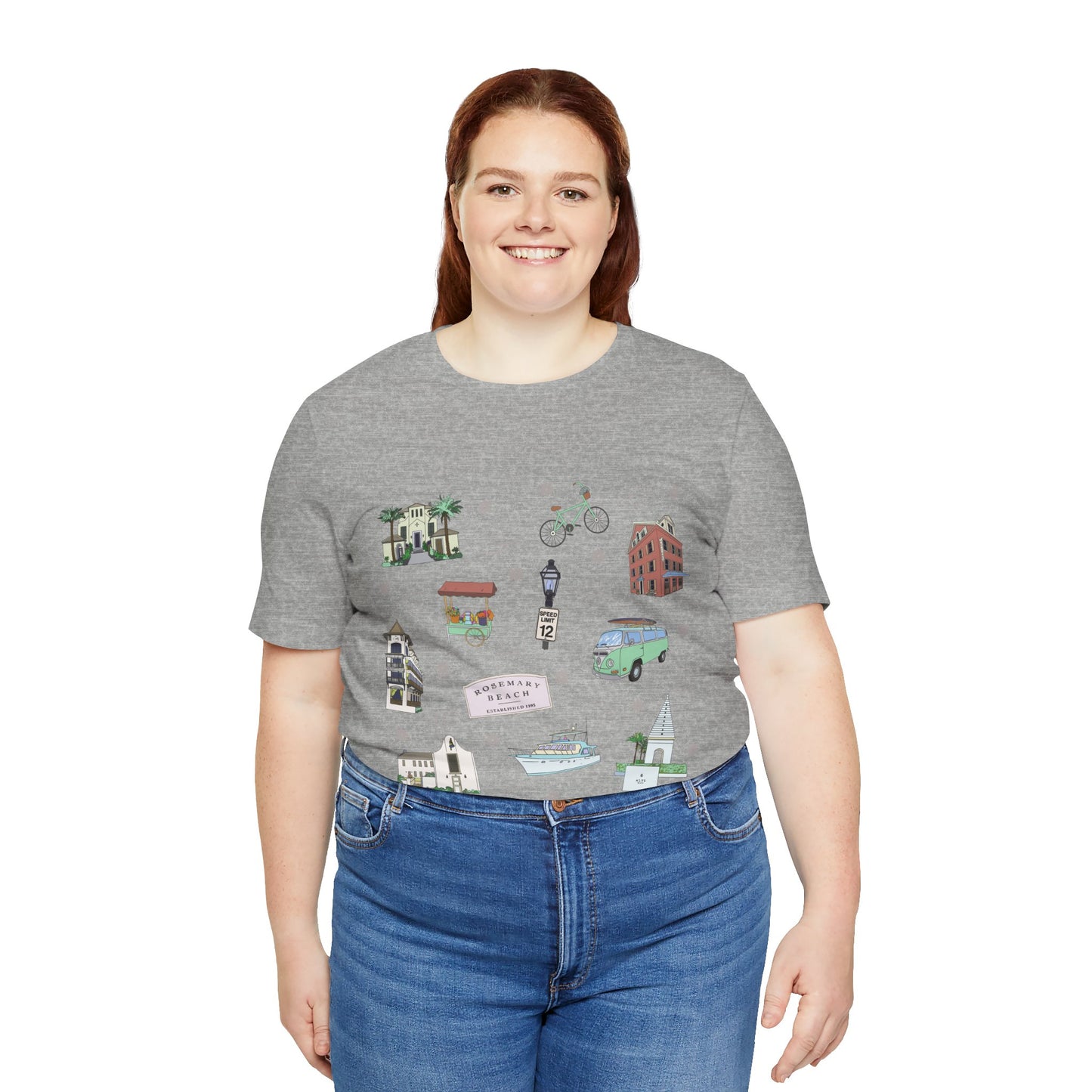 Unisex Jersey Short Sleeve Tee with Rosemary & Alys Beaches of 30A Florida FL landmarks print