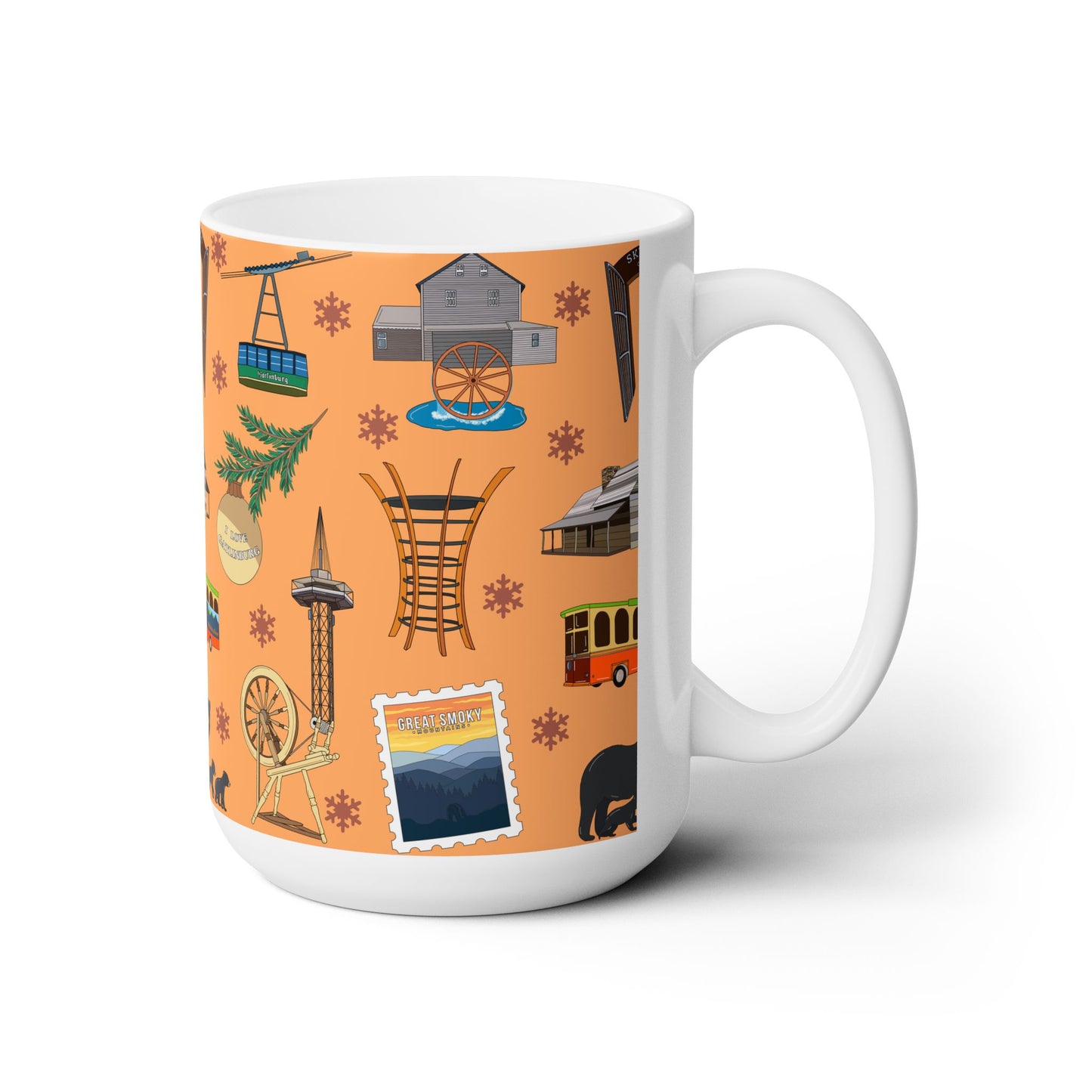 Ceramic Mug 15oz with Gatlinburg, TN and the Great Smoky Mountains in burnt orange