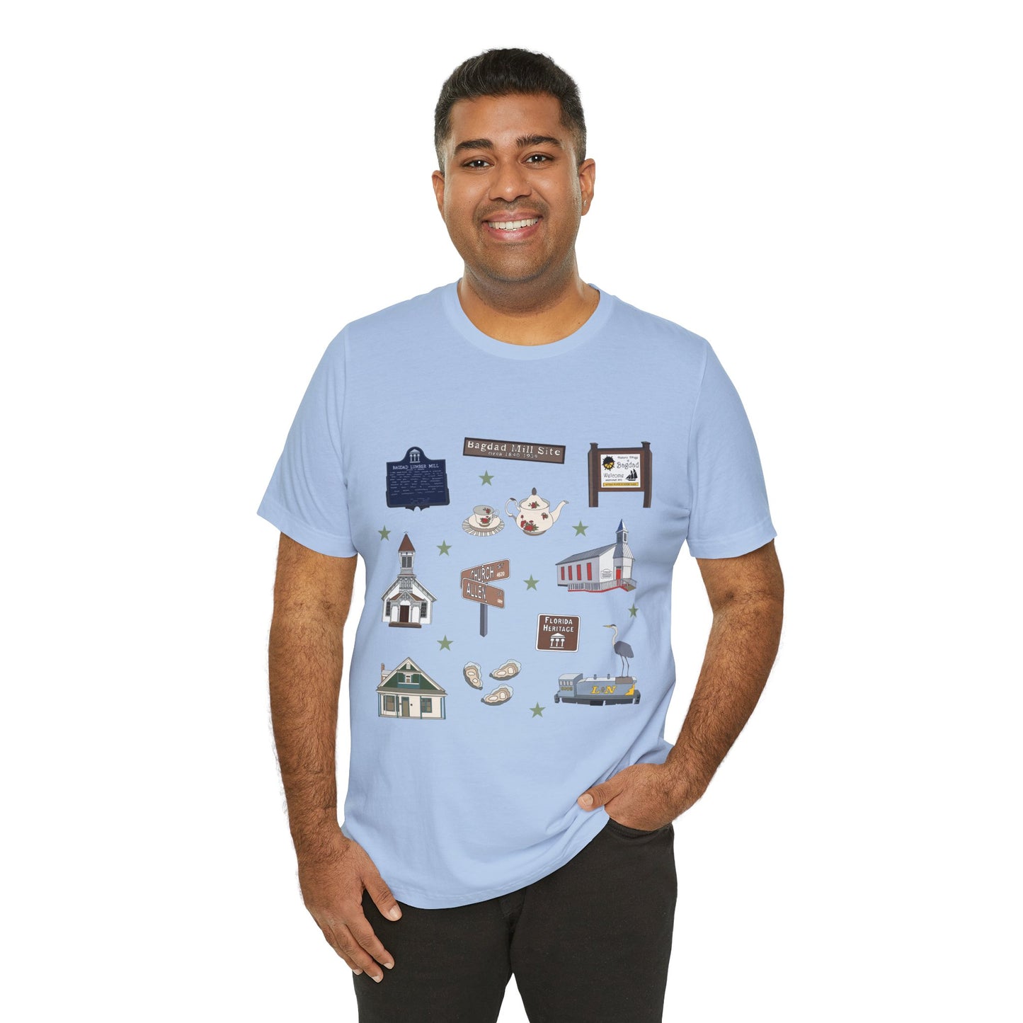Unisex Jersey Short Sleeve Tee with Bagdad, Florida FL landmarks print