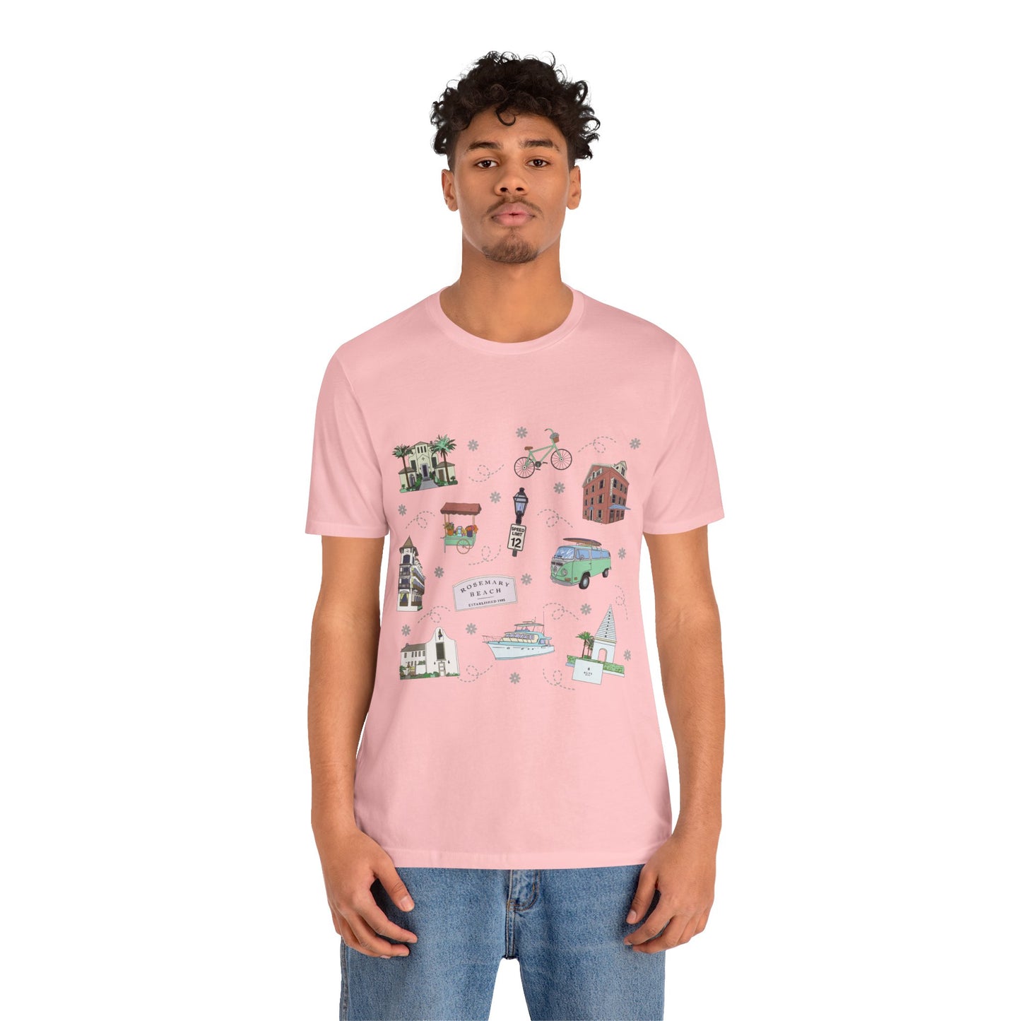 Unisex Jersey Short Sleeve Tee with Rosemary & Alys Beaches of 30A Florida FL landmarks print