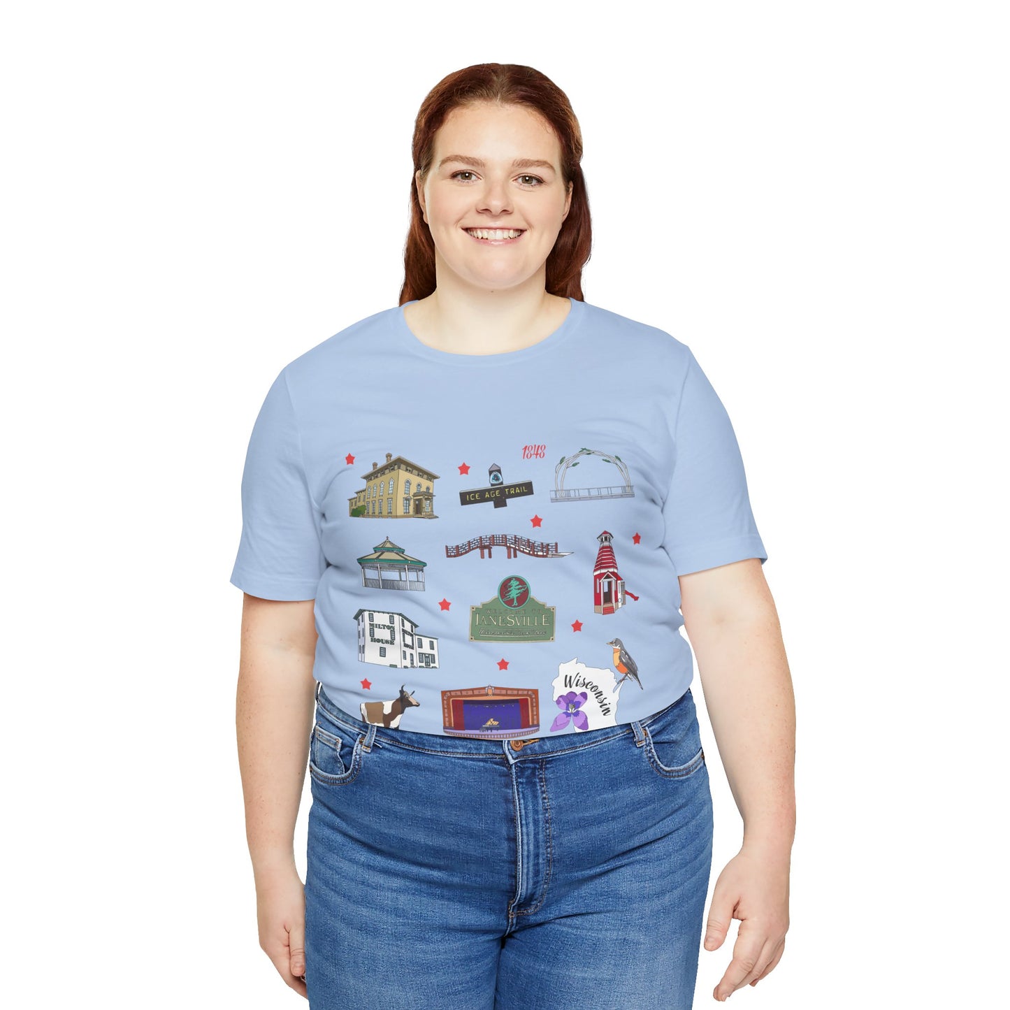 Unisex Jersey Short Sleeve Tee with Janesville, Wisconsin WI landmarks print