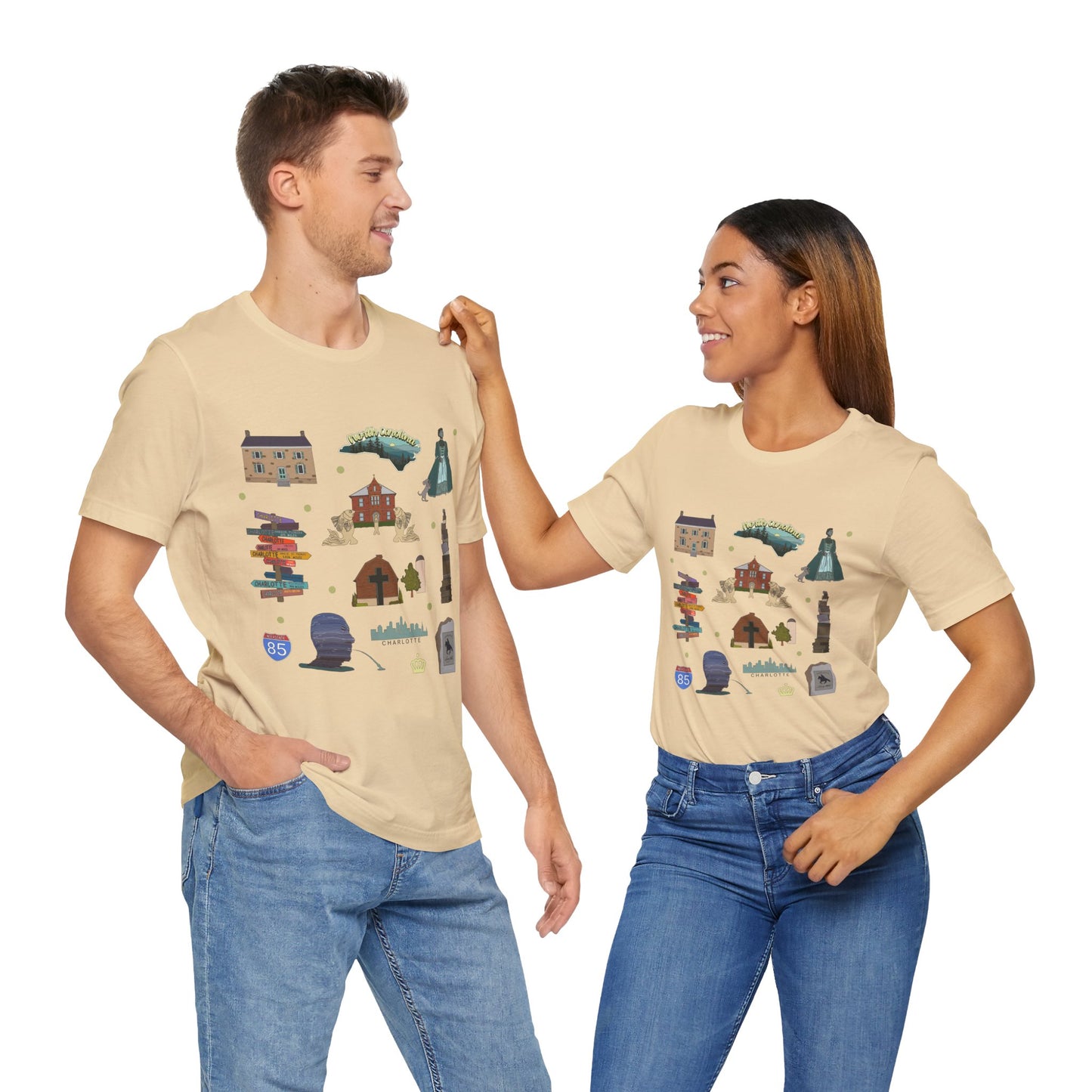Unisex Jersey Short Sleeve Tee with Charlotte, North Carolina NC landmarks print