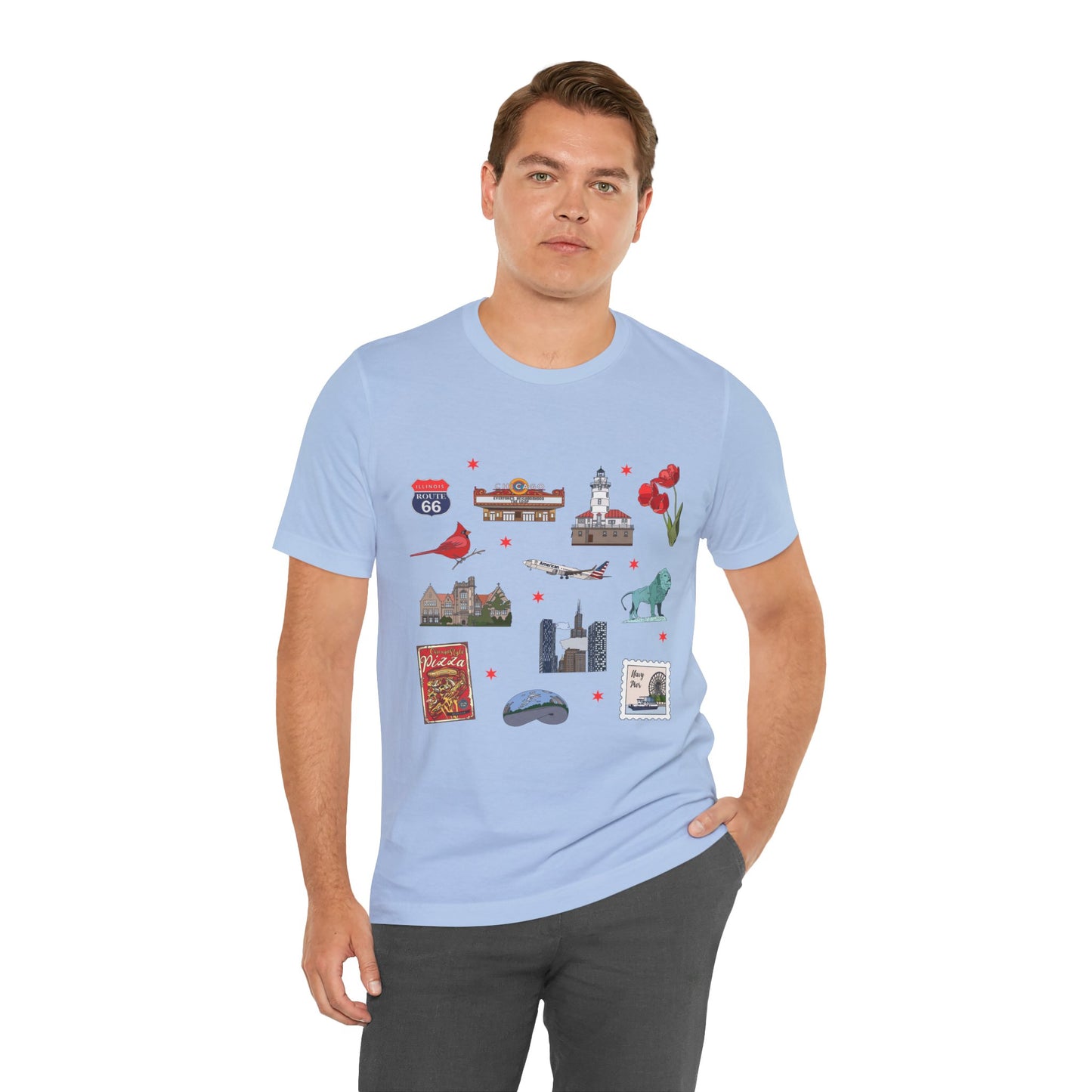 Unisex Jersey Short Sleeve Tee with Chicago, Illinois IL landmarks print