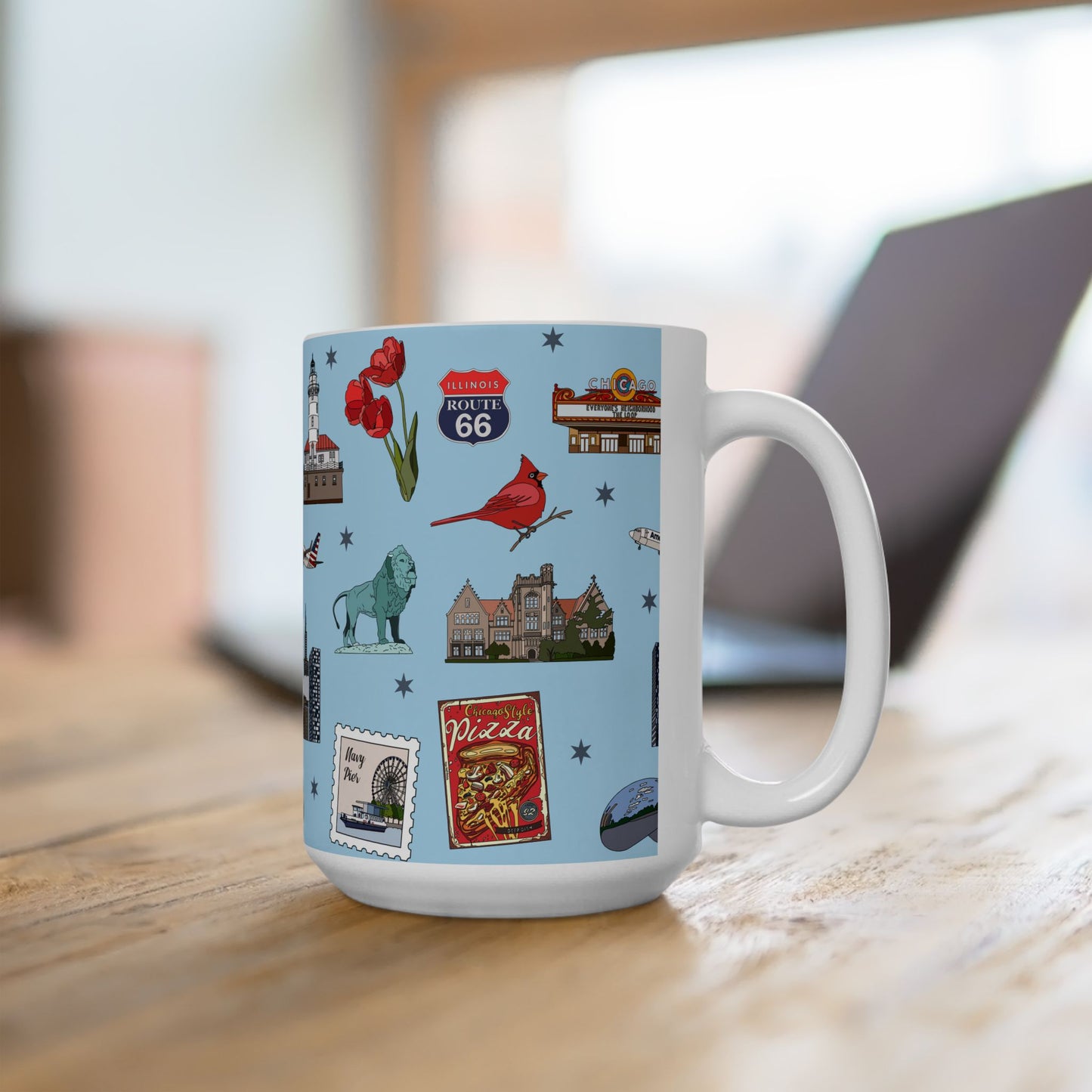 Ceramic Mug 15oz with Chicago, Illinois IL in sky
