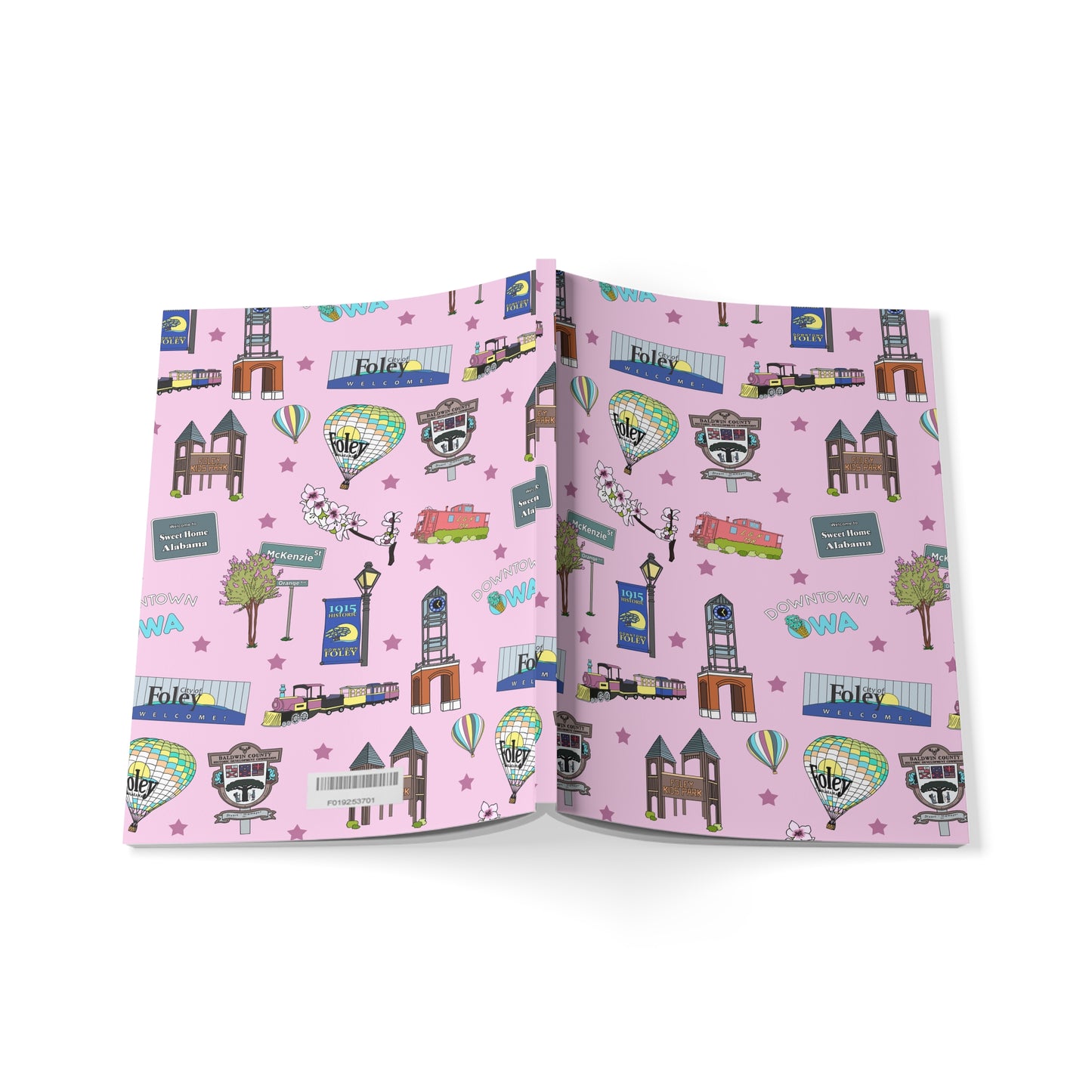 Paperback notebook with Foley, Alabama AL landmarks in pale pink 150 lined pages