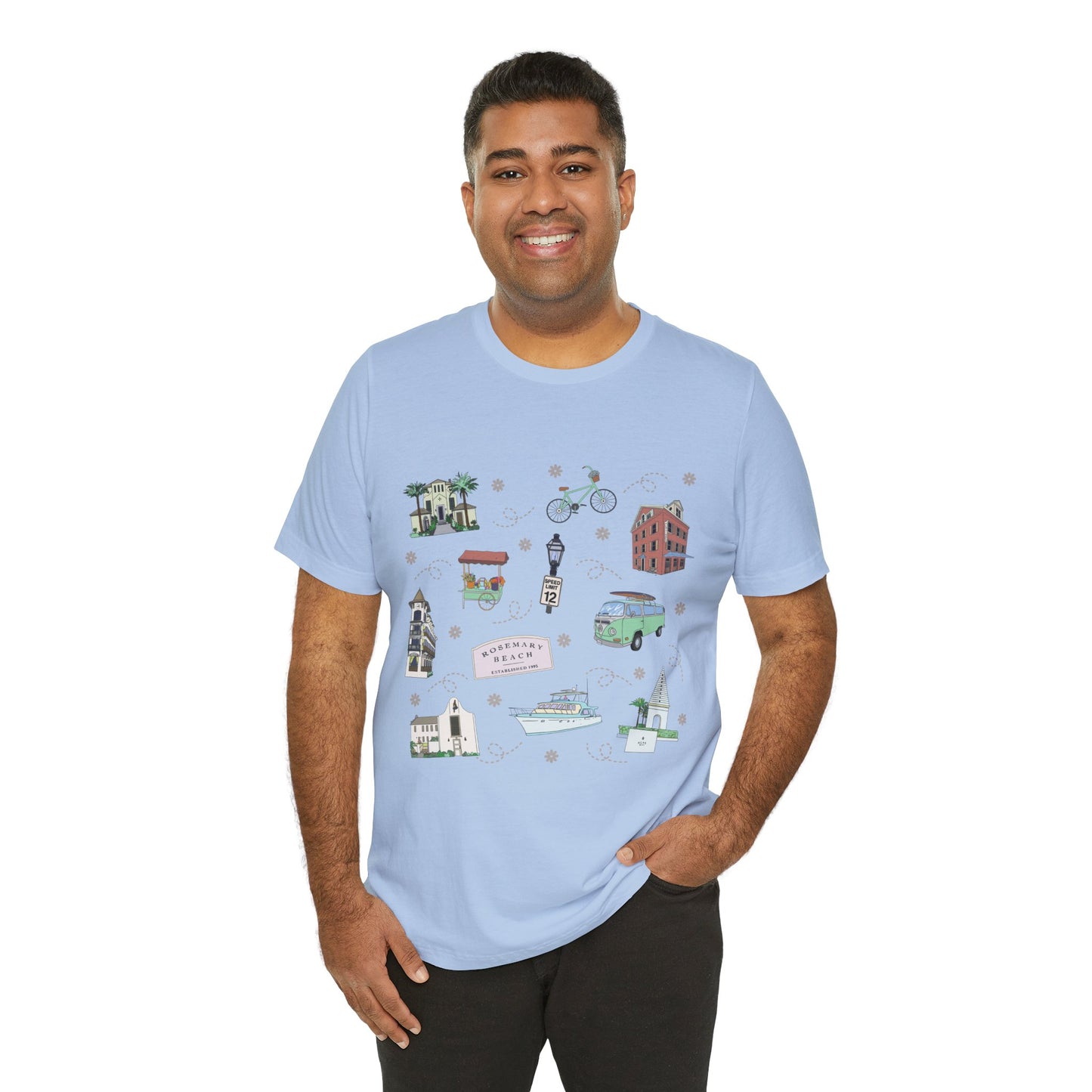 Unisex Jersey Short Sleeve Tee with Rosemary & Alys Beaches of 30A Florida FL landmarks print