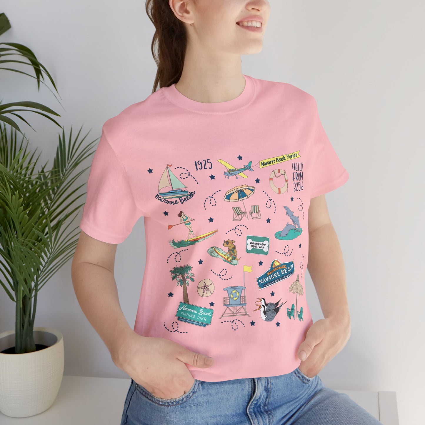 Unisex Jersey Short Sleeve Tee with Navarre Beach Florida FL landmarks print