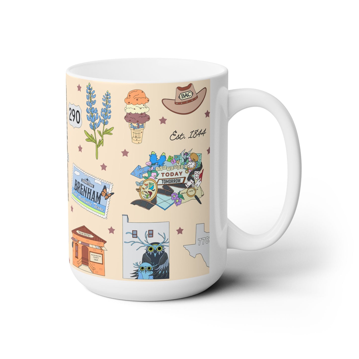 Ceramic Mug 15oz with Brenham, TX in cream