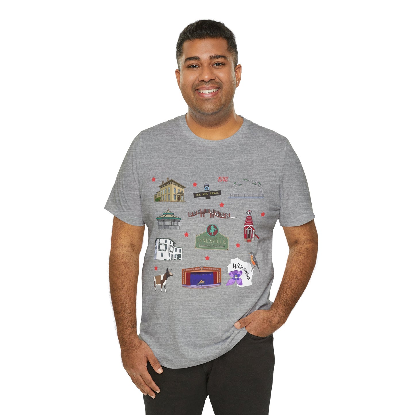 Unisex Jersey Short Sleeve Tee with Janesville, Wisconsin WI landmarks print
