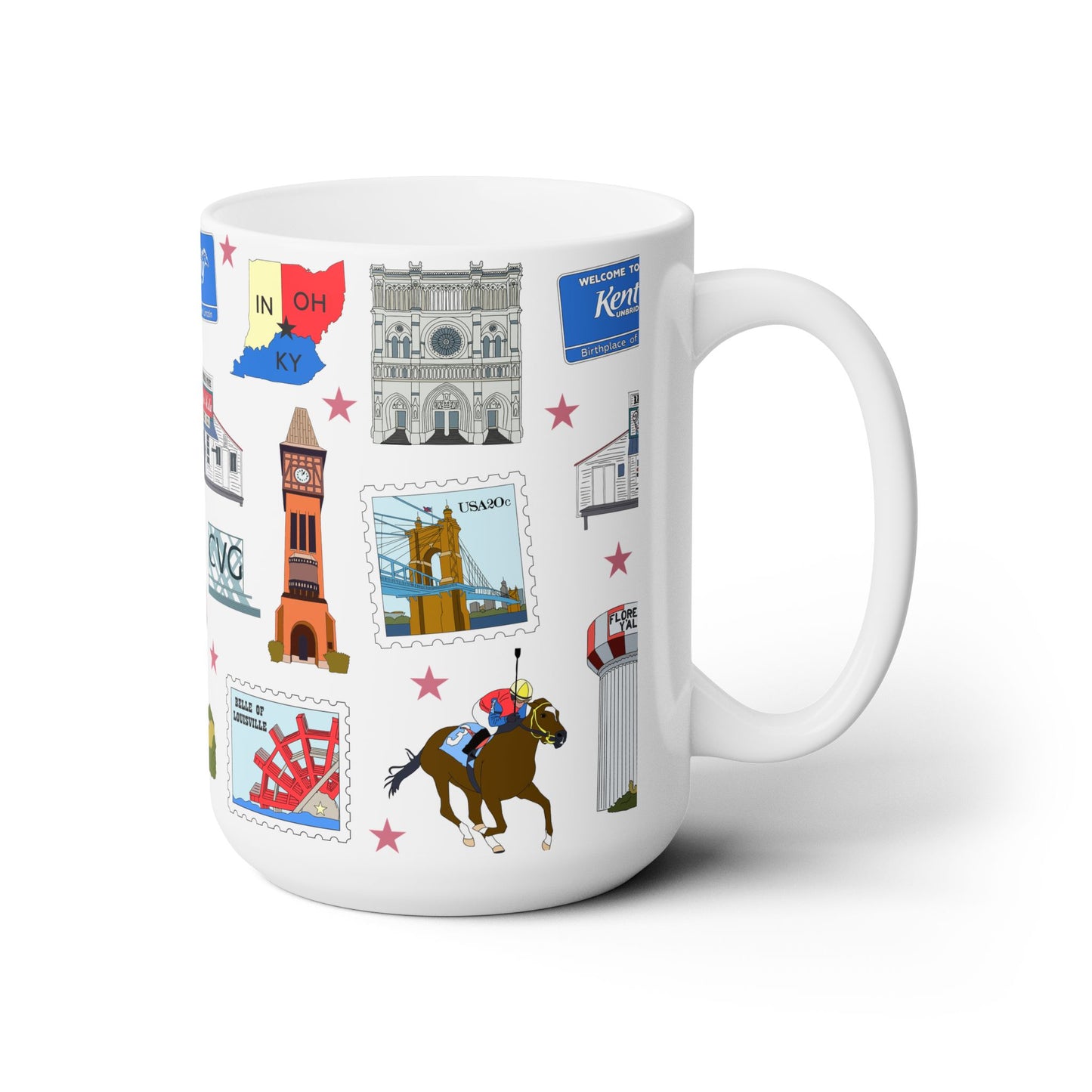 Ceramic Mug 15oz with Florence, Covington & Burlington of Northern Kentucky KY, Indiana IN, Cincinnati Ohio OH in white