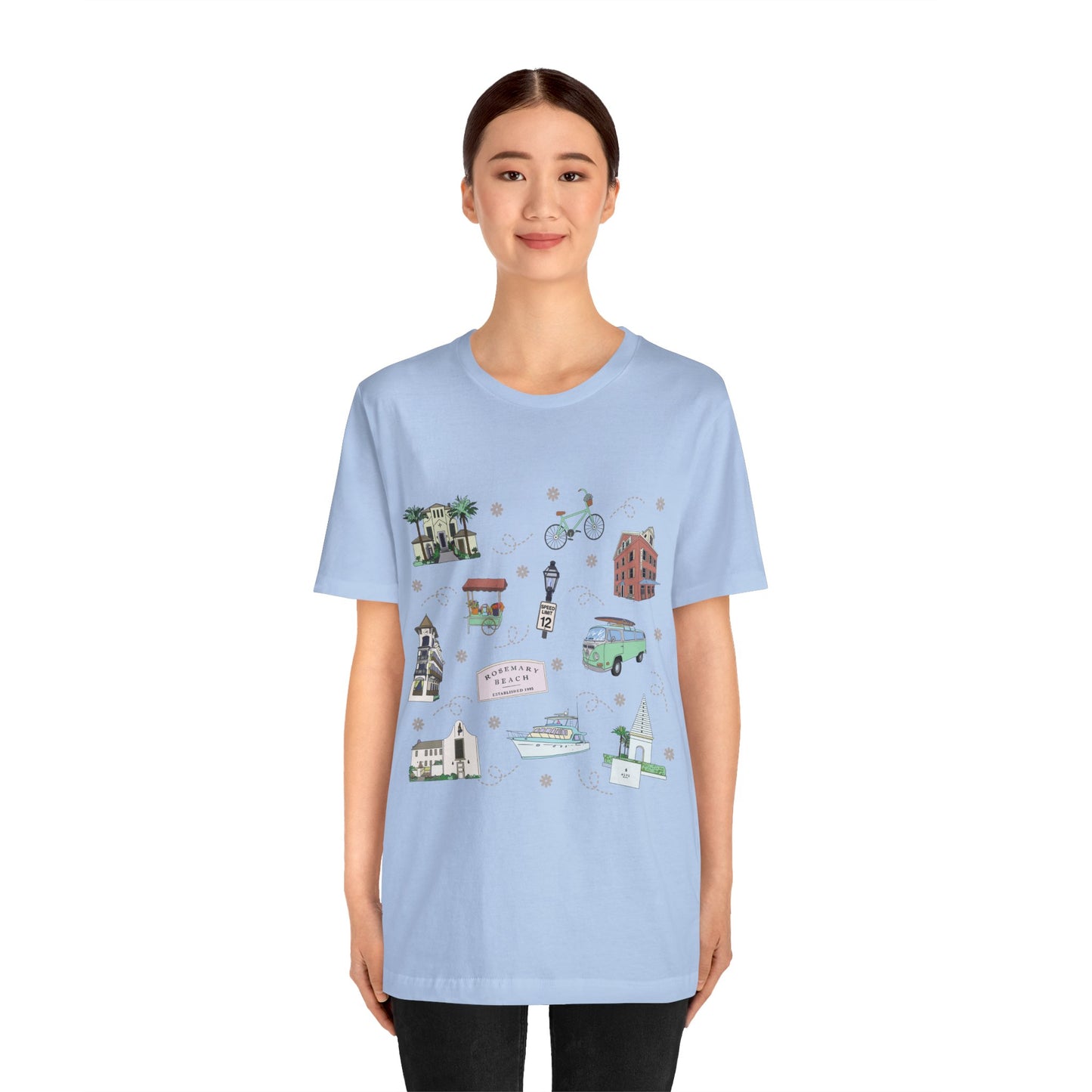 Unisex Jersey Short Sleeve Tee with Rosemary & Alys Beaches of 30A Florida FL landmarks print