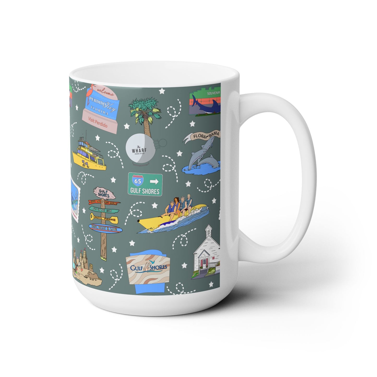 Ceramic Mug 15oz with Gulf Shores, Orange Beach of Alabama AL & Perdido Key of Florida FL in khaki