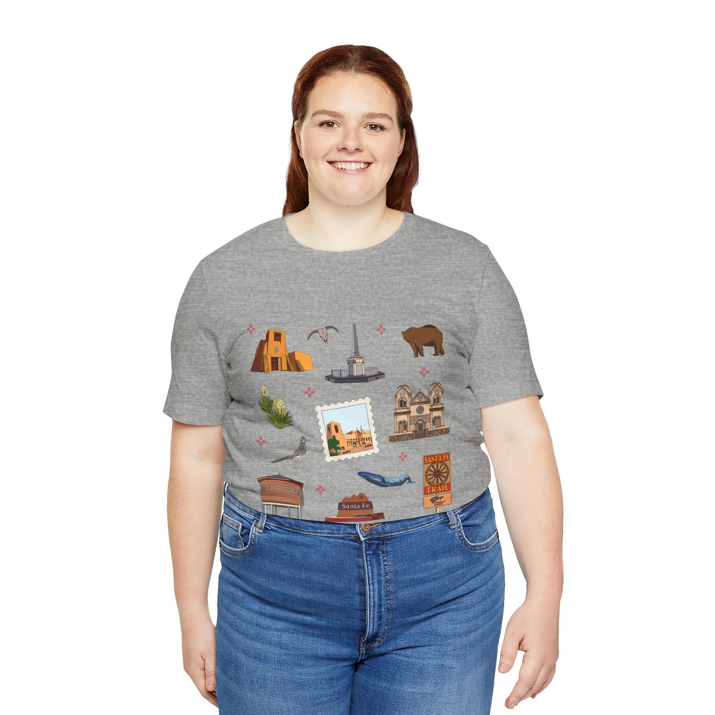 Unisex Jersey Short Sleeve Tee with Santa Fe, New Mexico NM landmarks print