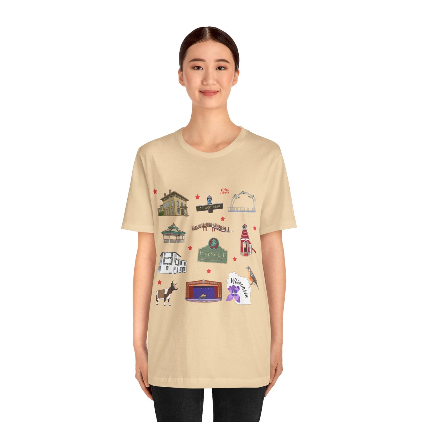 Unisex Jersey Short Sleeve Tee with Janesville, Wisconsin WI landmarks print