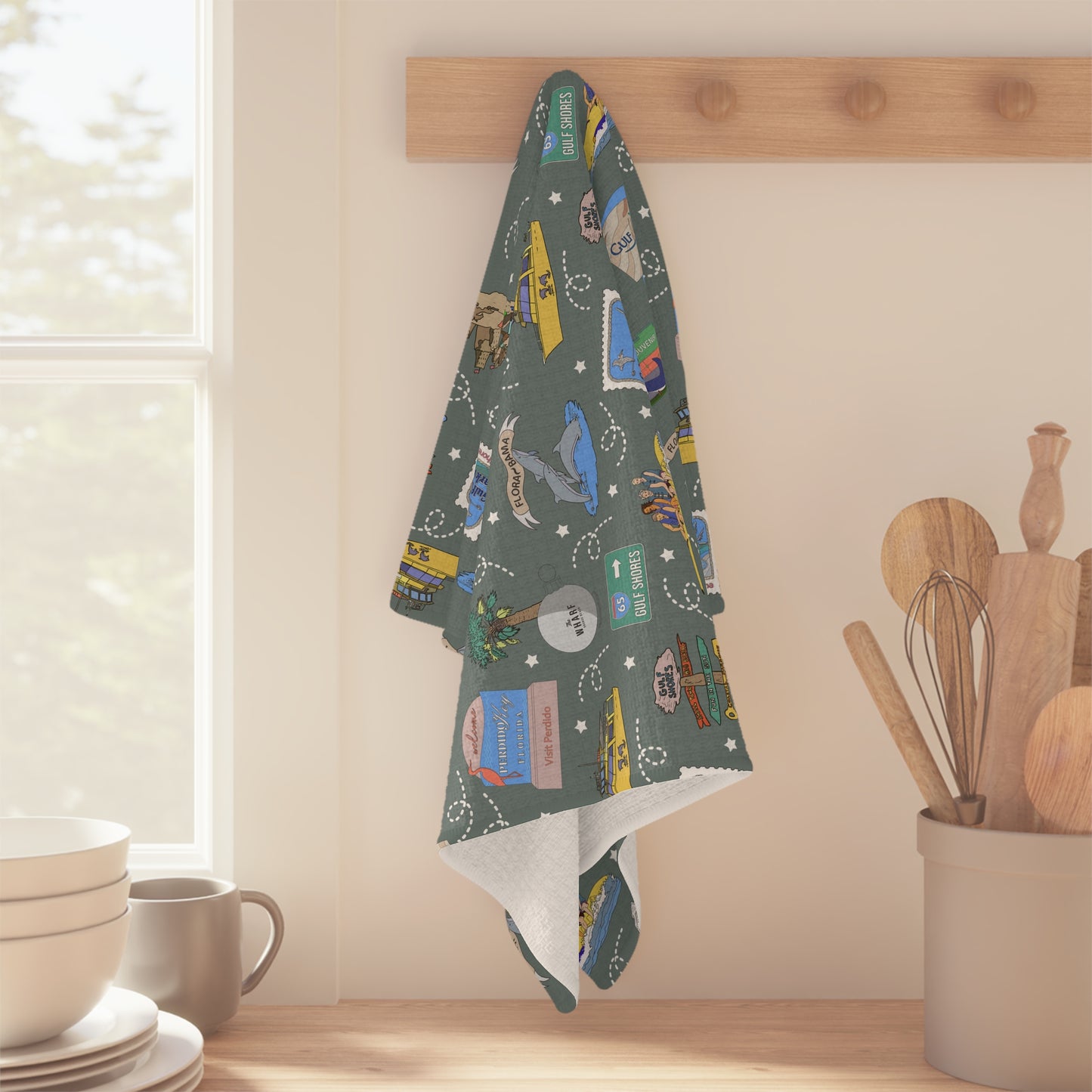 Kitchen Towel with Gulf Shores, Orange Beach of Alabama AL & Perdido Key of Florida FL in khaki