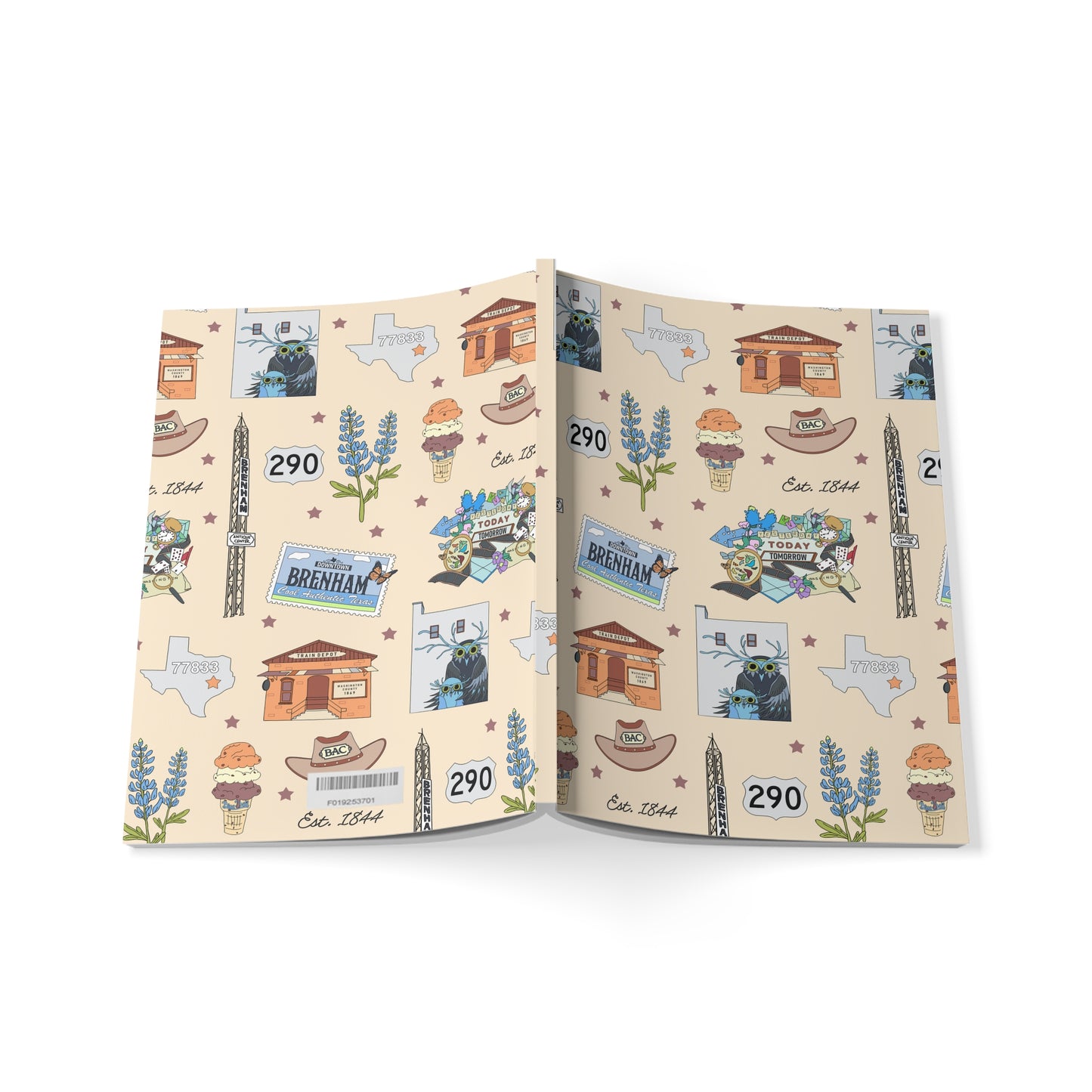 Paperback notebook with Brenham, TX landmarks in cream 150 lined pages
