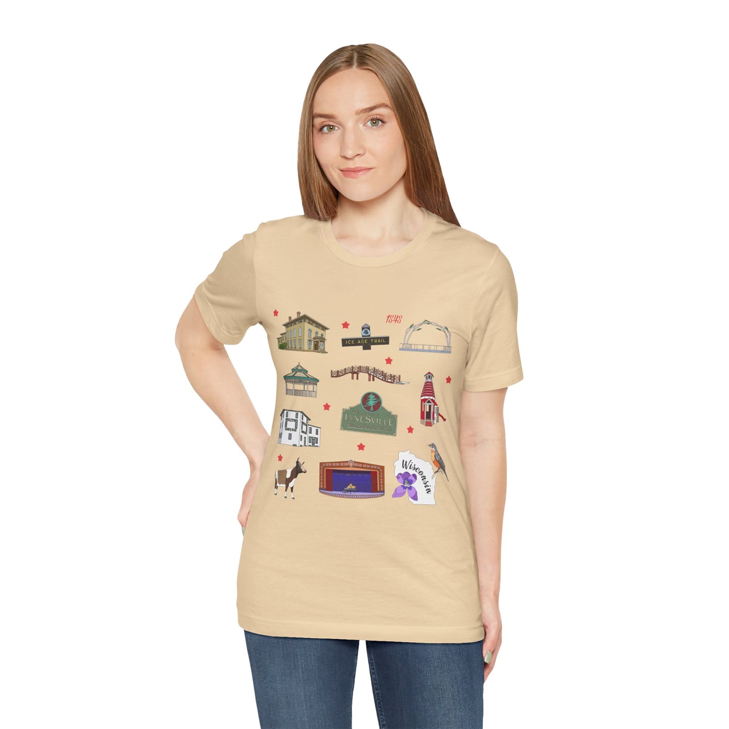 Unisex Jersey Short Sleeve Tee with Janesville, Wisconsin WI landmarks print