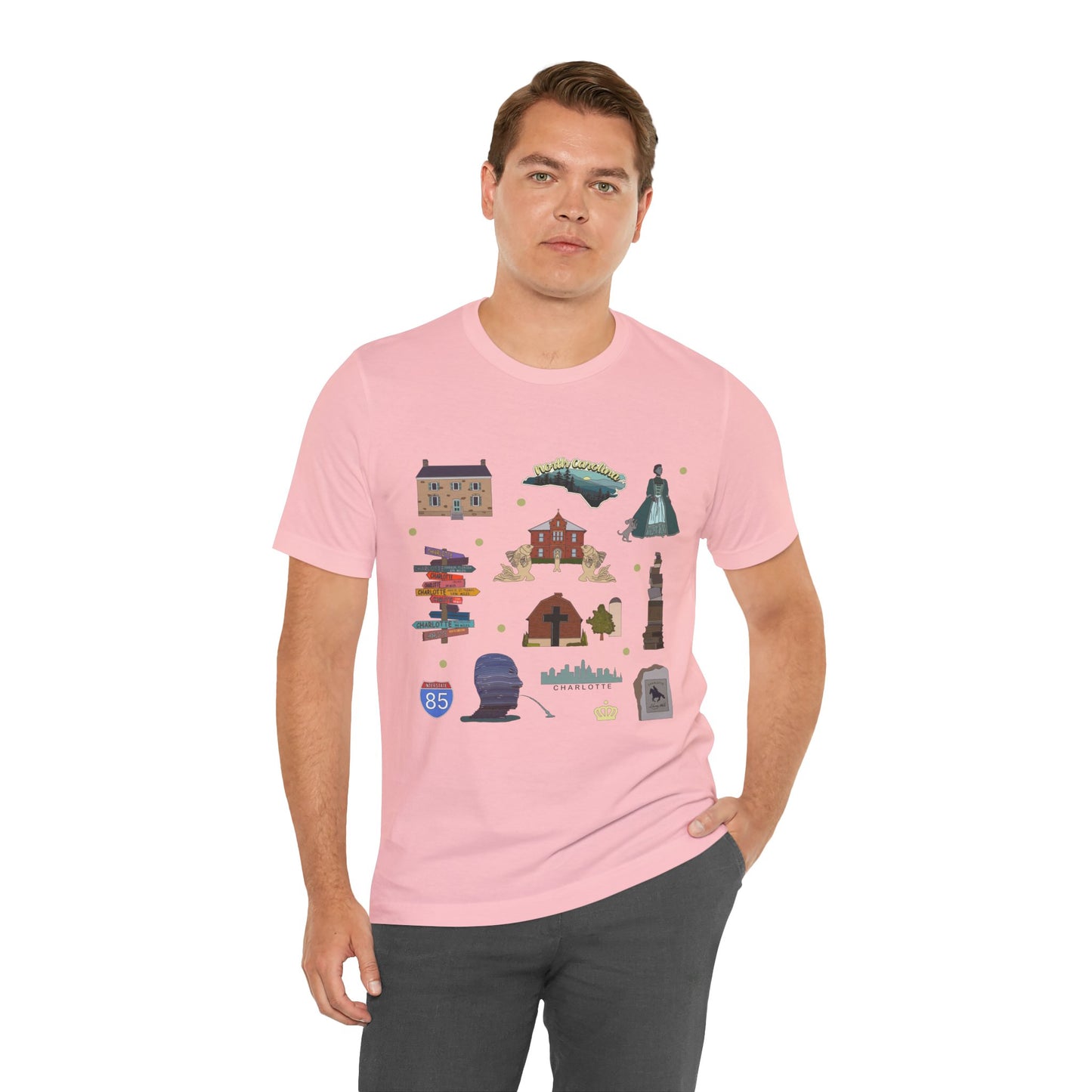 Unisex Jersey Short Sleeve Tee with Charlotte, North Carolina NC landmarks print