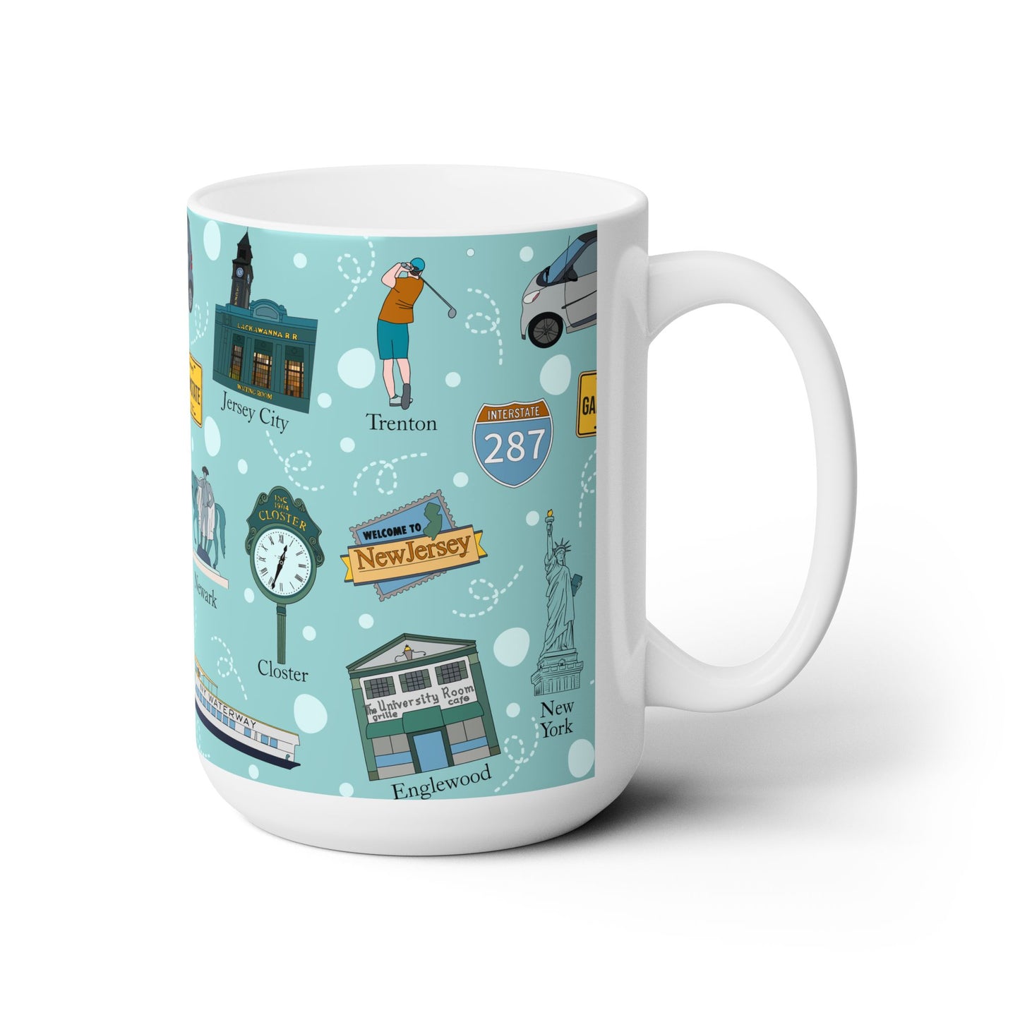 Ceramic Mug 15oz with New Jersey cities, NJ Trenton, Closter, Englewood, Newark, Hoboken in teal