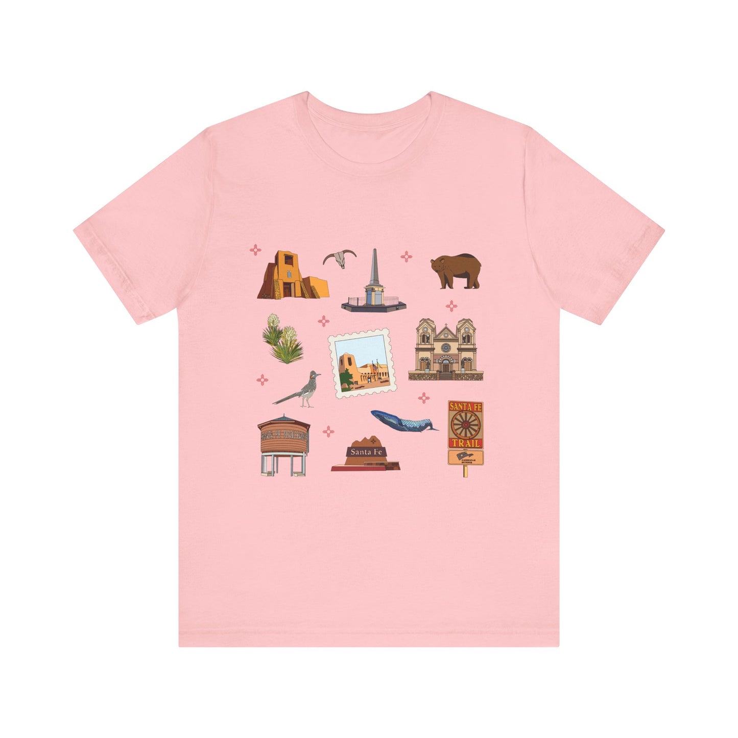 Unisex Jersey Short Sleeve Tee with Santa Fe, New Mexico NM landmarks print