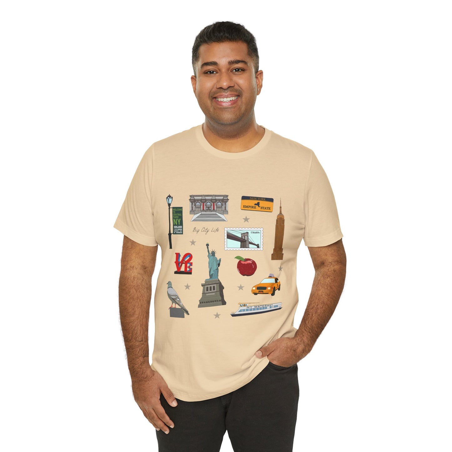 Unisex Jersey Short Sleeve Tee with New York City, Manhattan, Brooklyn NY landmarks print